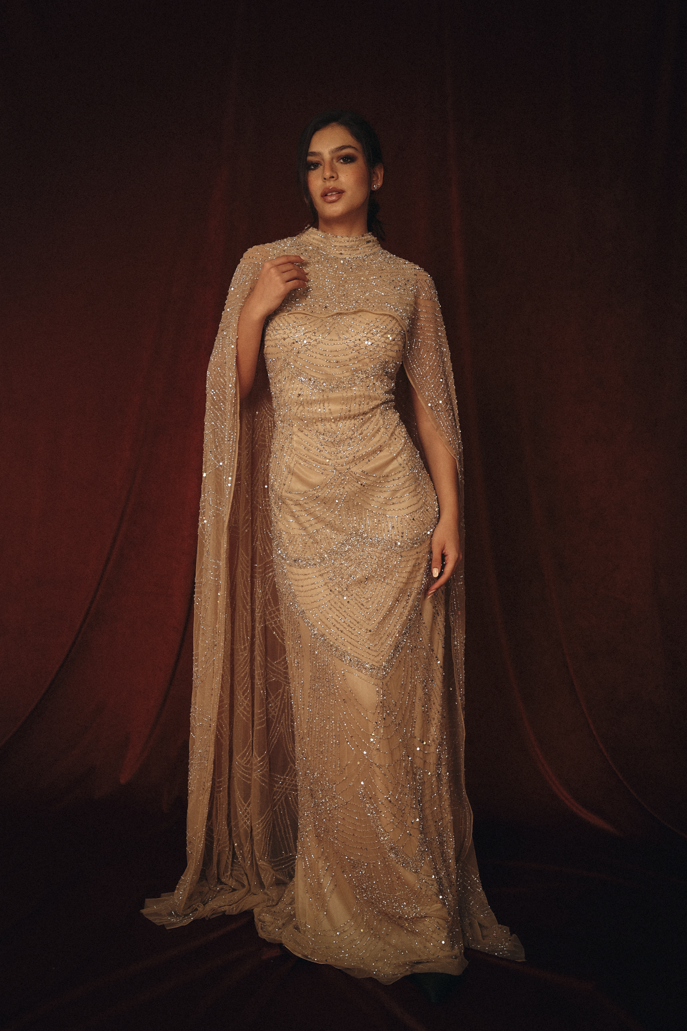 Beaded Long Dress with Cape in Silver Beige