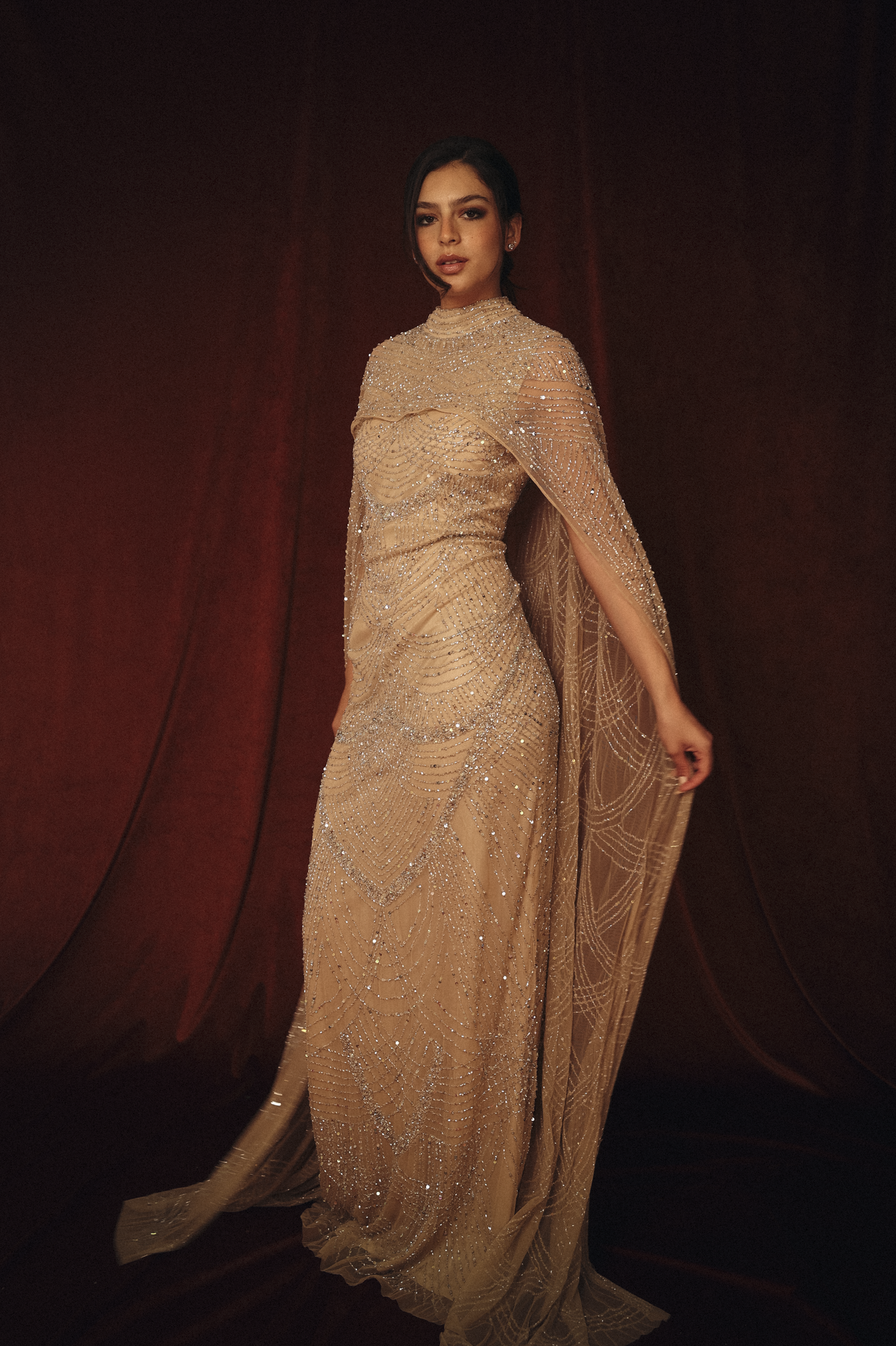 Beaded Long Dress with Cape in Silver Beige