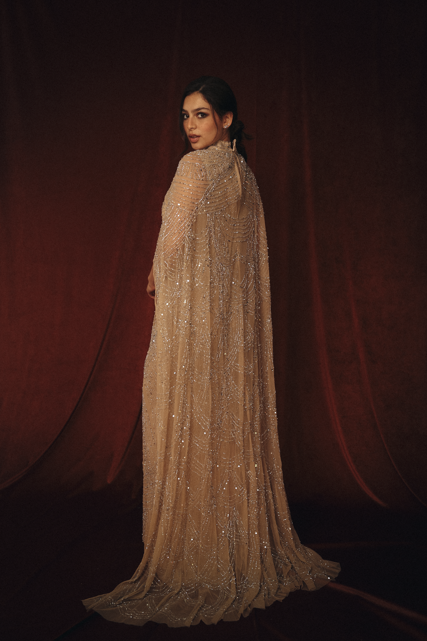 Beaded Long Dress with Cape in Silver Beige