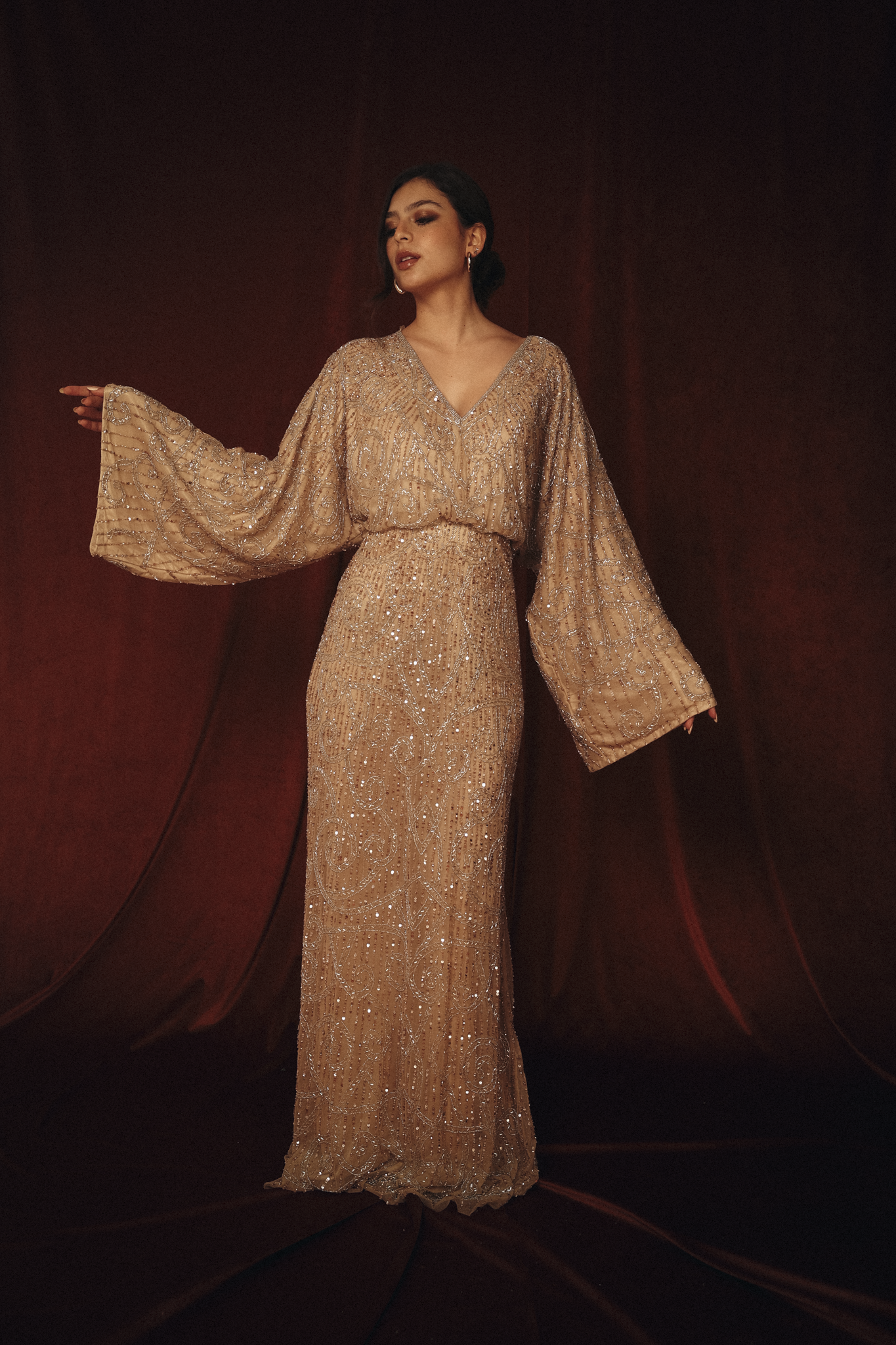 Modest V Neck Beaded Dress in Beige