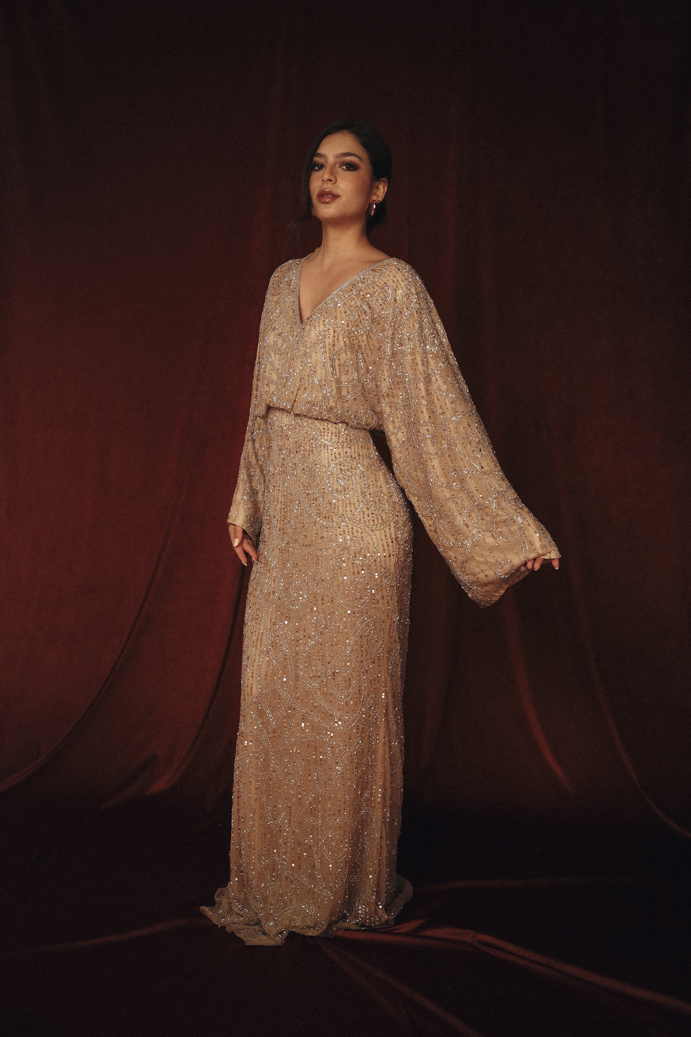 Modest V Neck Beaded Dress in Beige