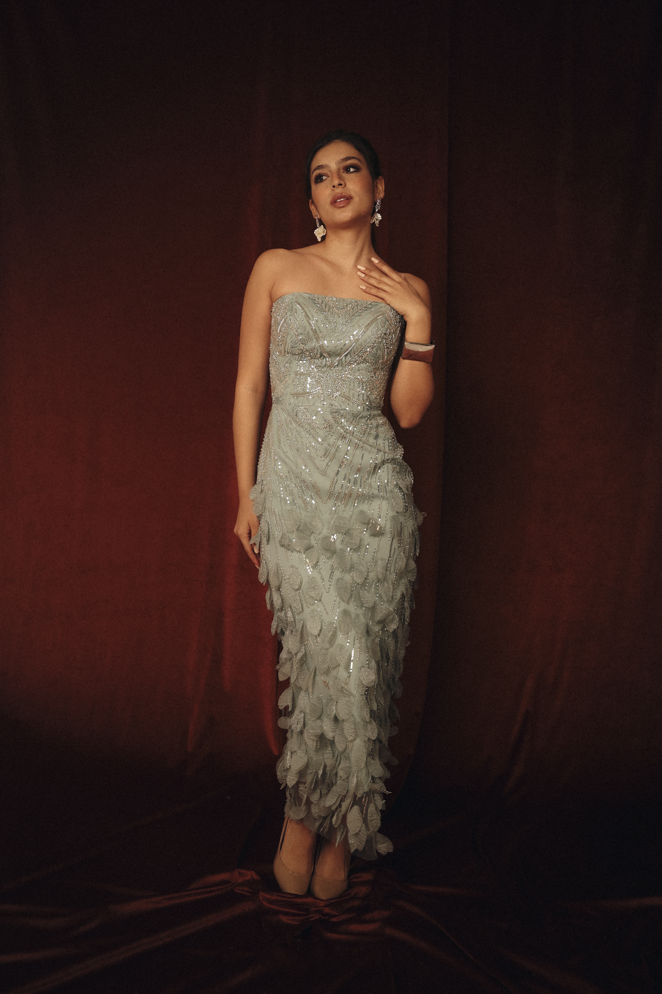 Beaded tube dress with flower petals in mint