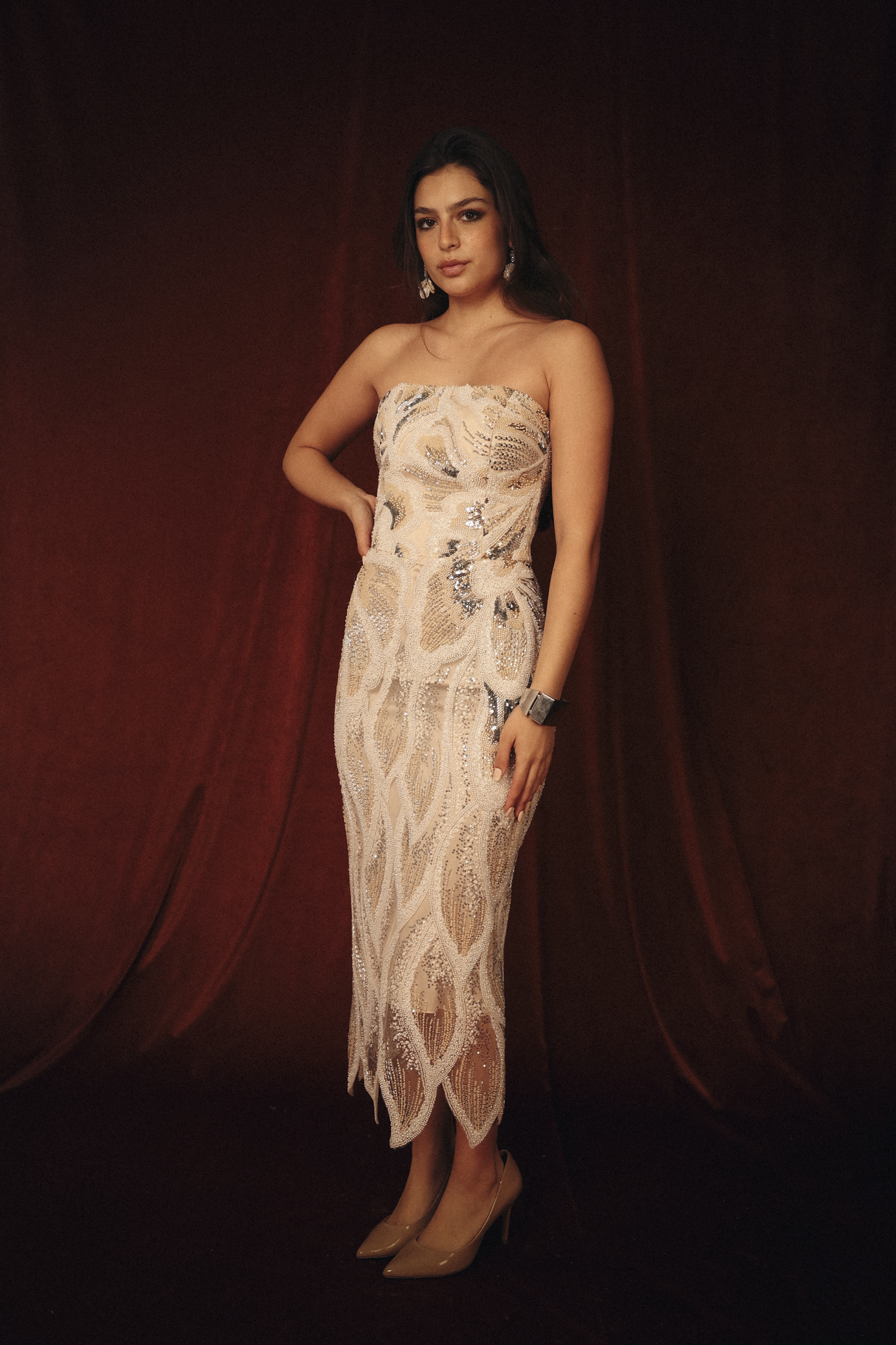 Beaded tube dress in off white