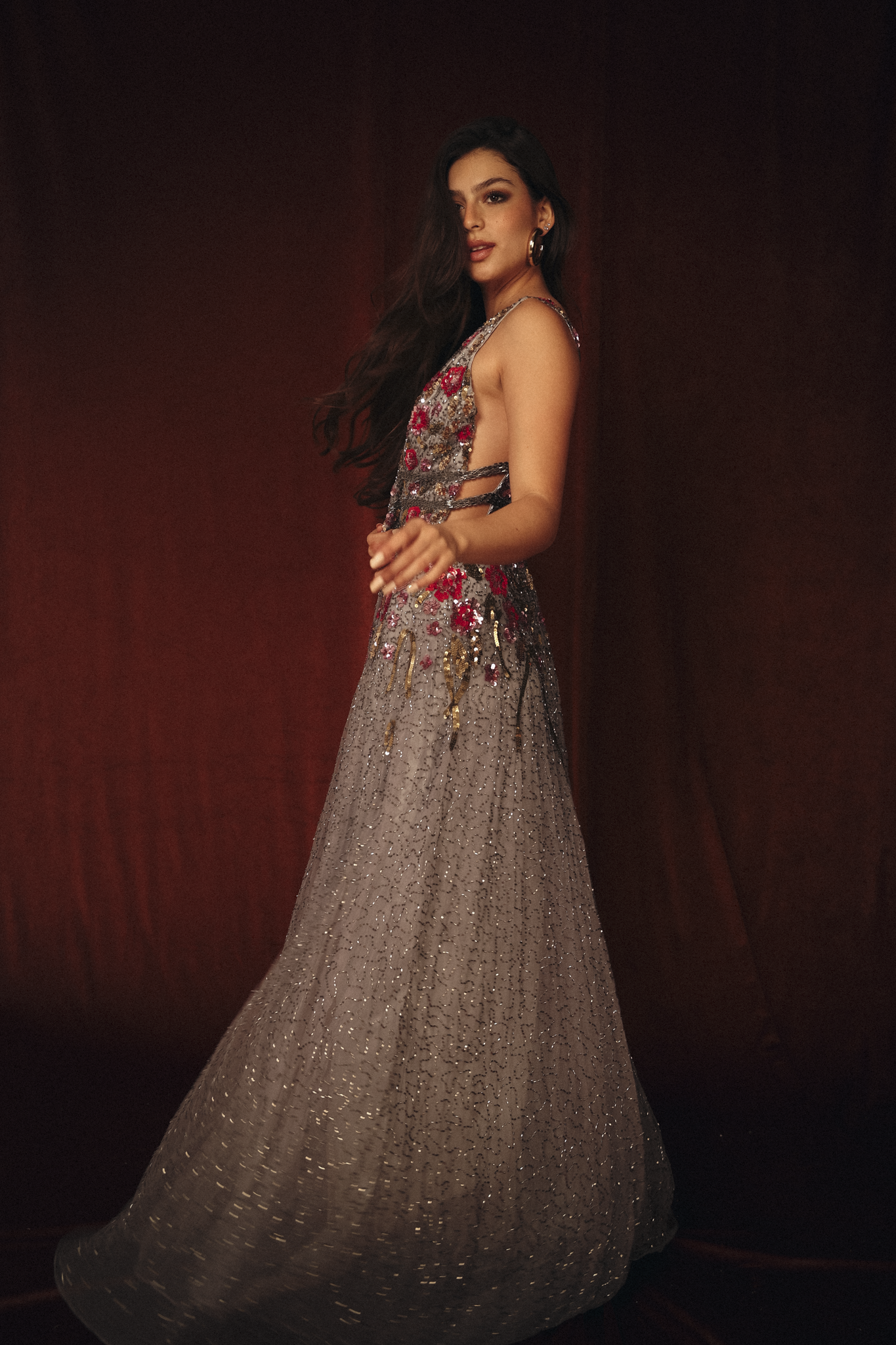Long Beaded Garden Dress in Grey