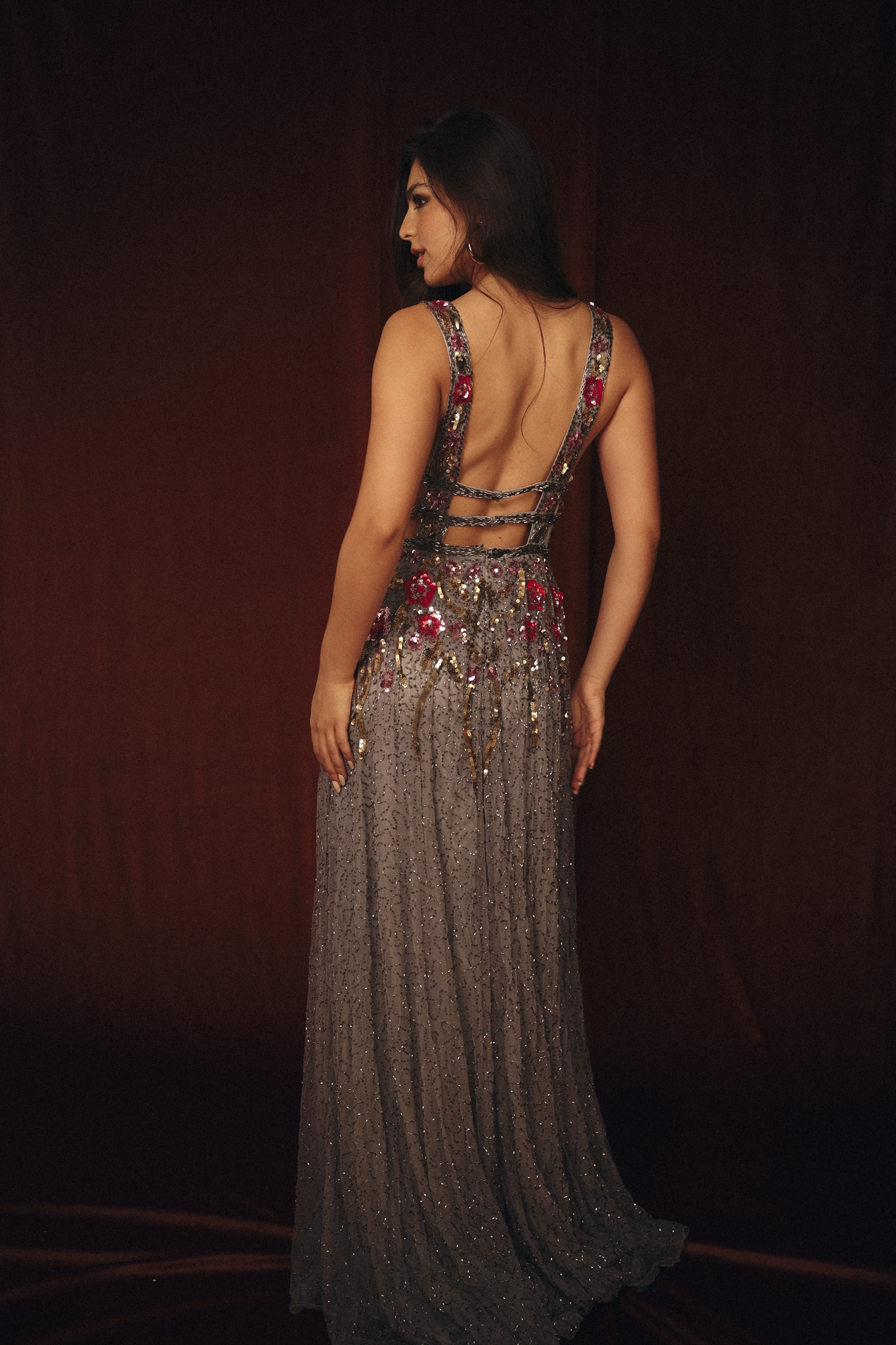 Long Beaded Garden Dress in Grey