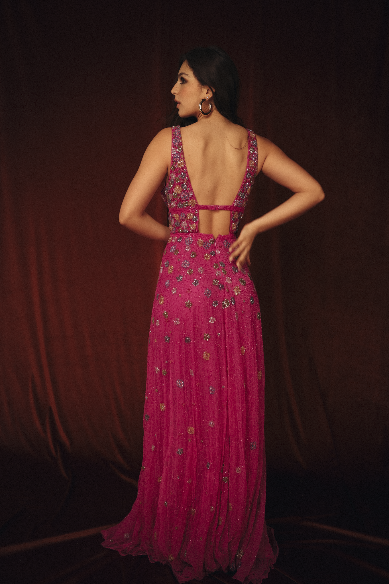 Long Beaded Garden Dress in Hot Pink