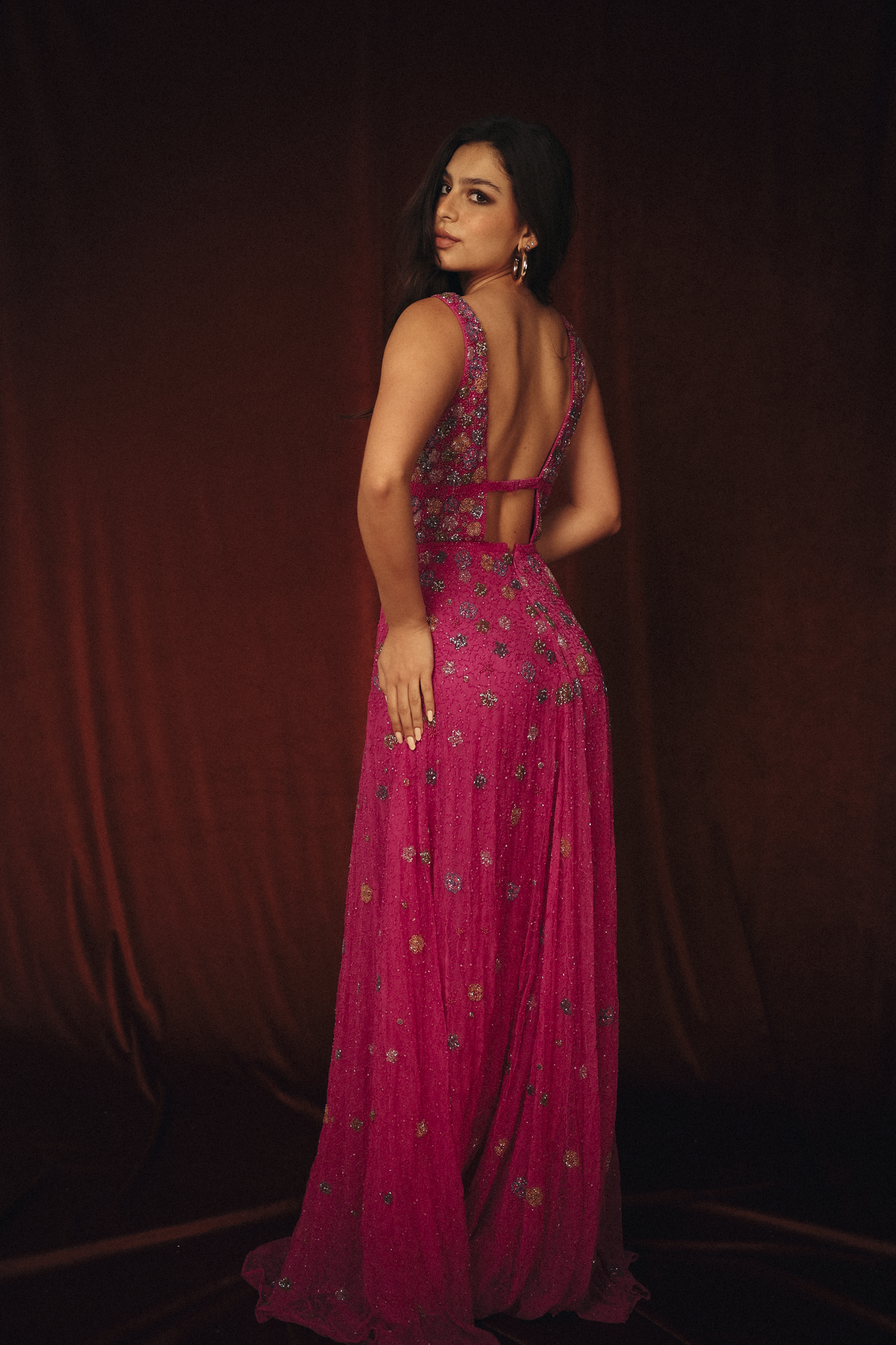 Long Beaded Garden Dress in Hot Pink