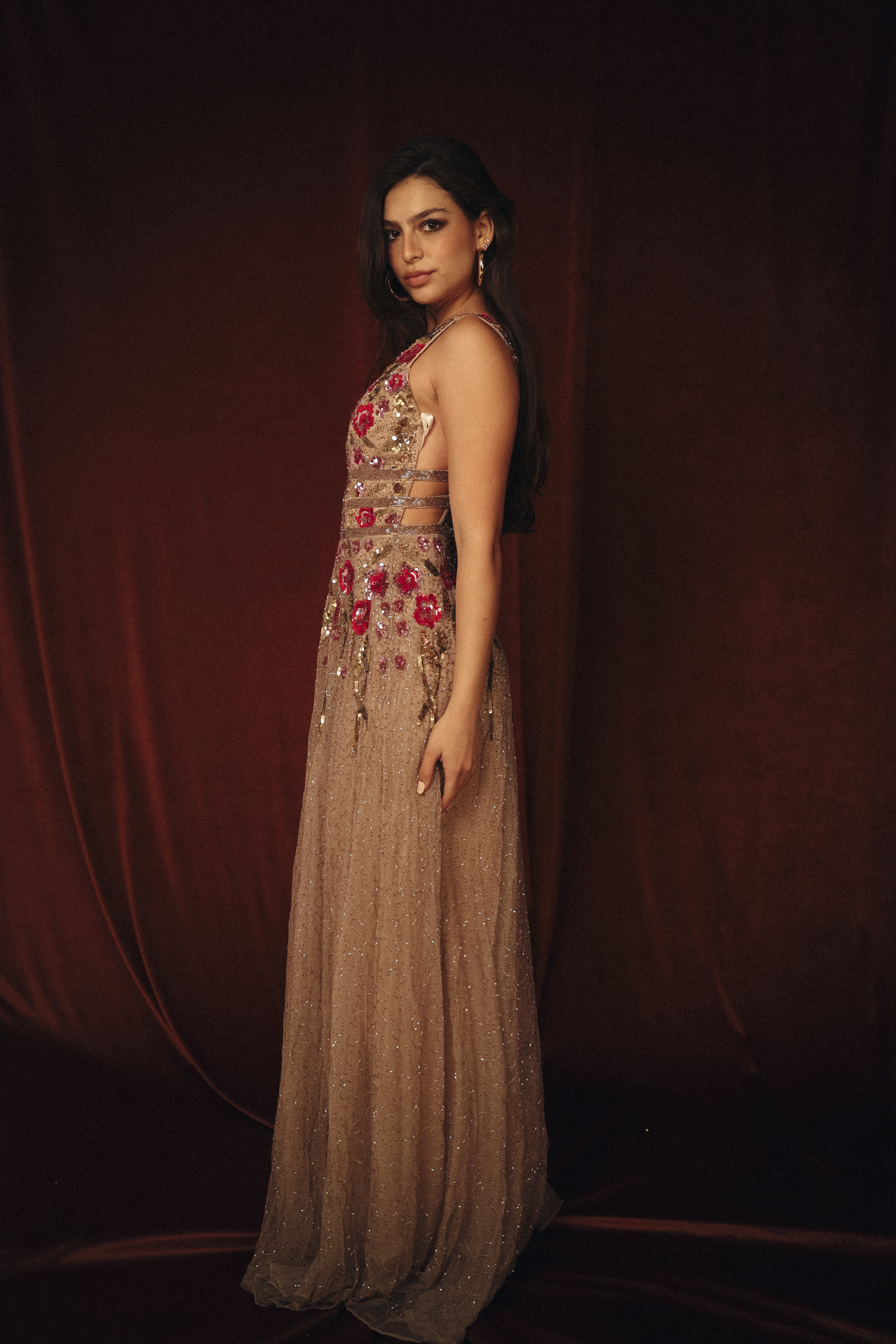 Long Beaded Garden Dress in Beige