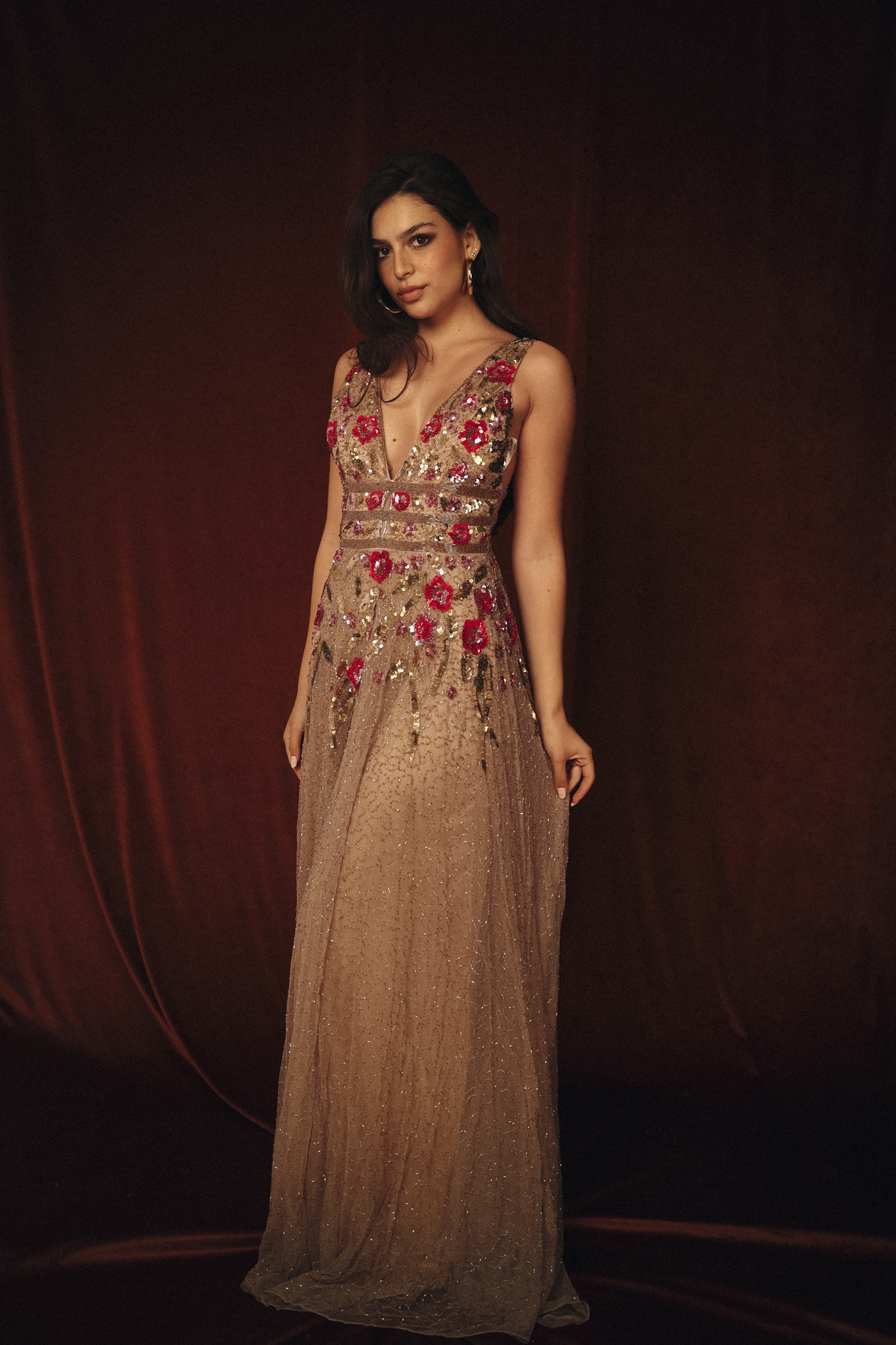 Long Beaded Garden Dress in Beige
