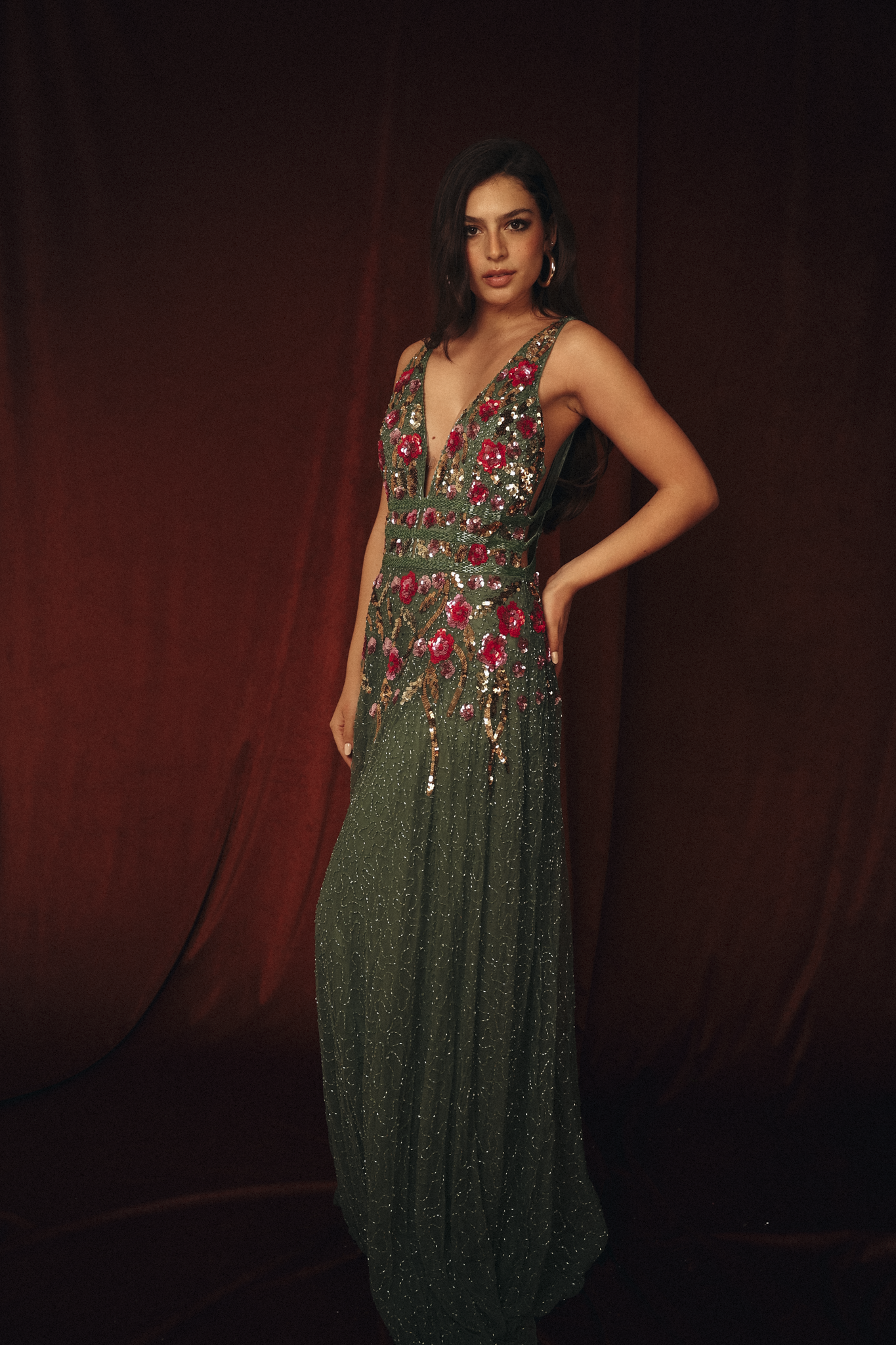 Long Beaded Garden Dress in Green