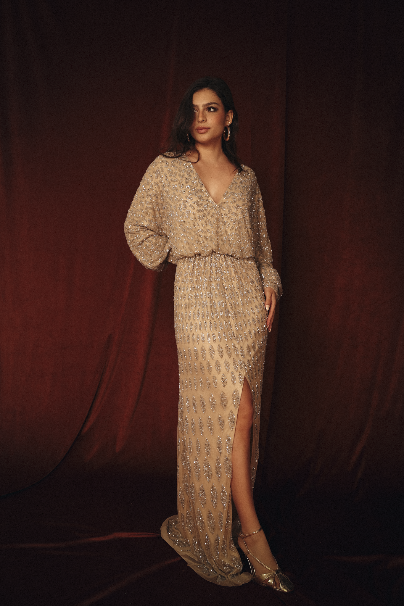 Modest Beaded Leaves Long Dress in Gold