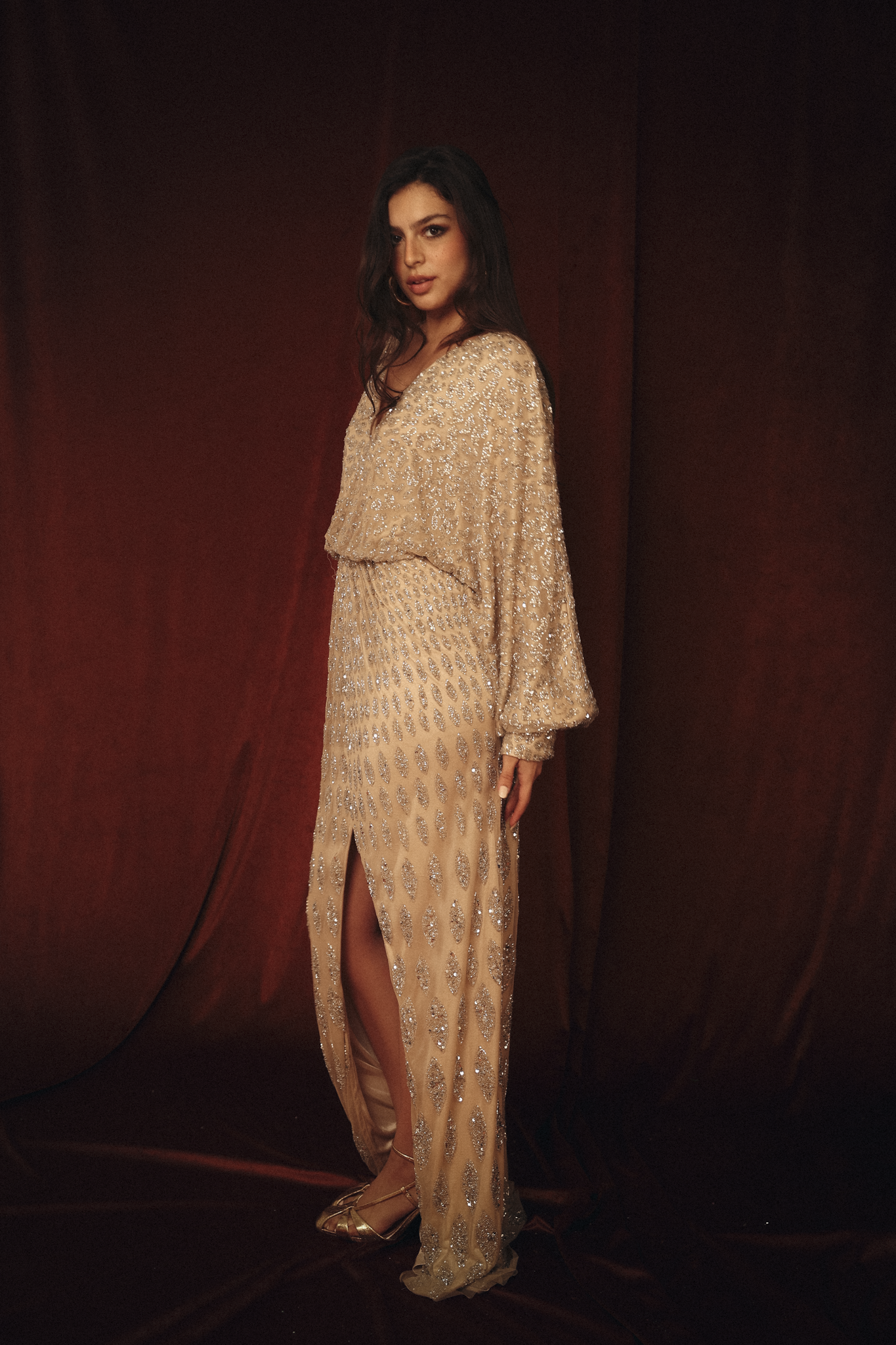 Modest Beaded Leaves Long Dress in Gold