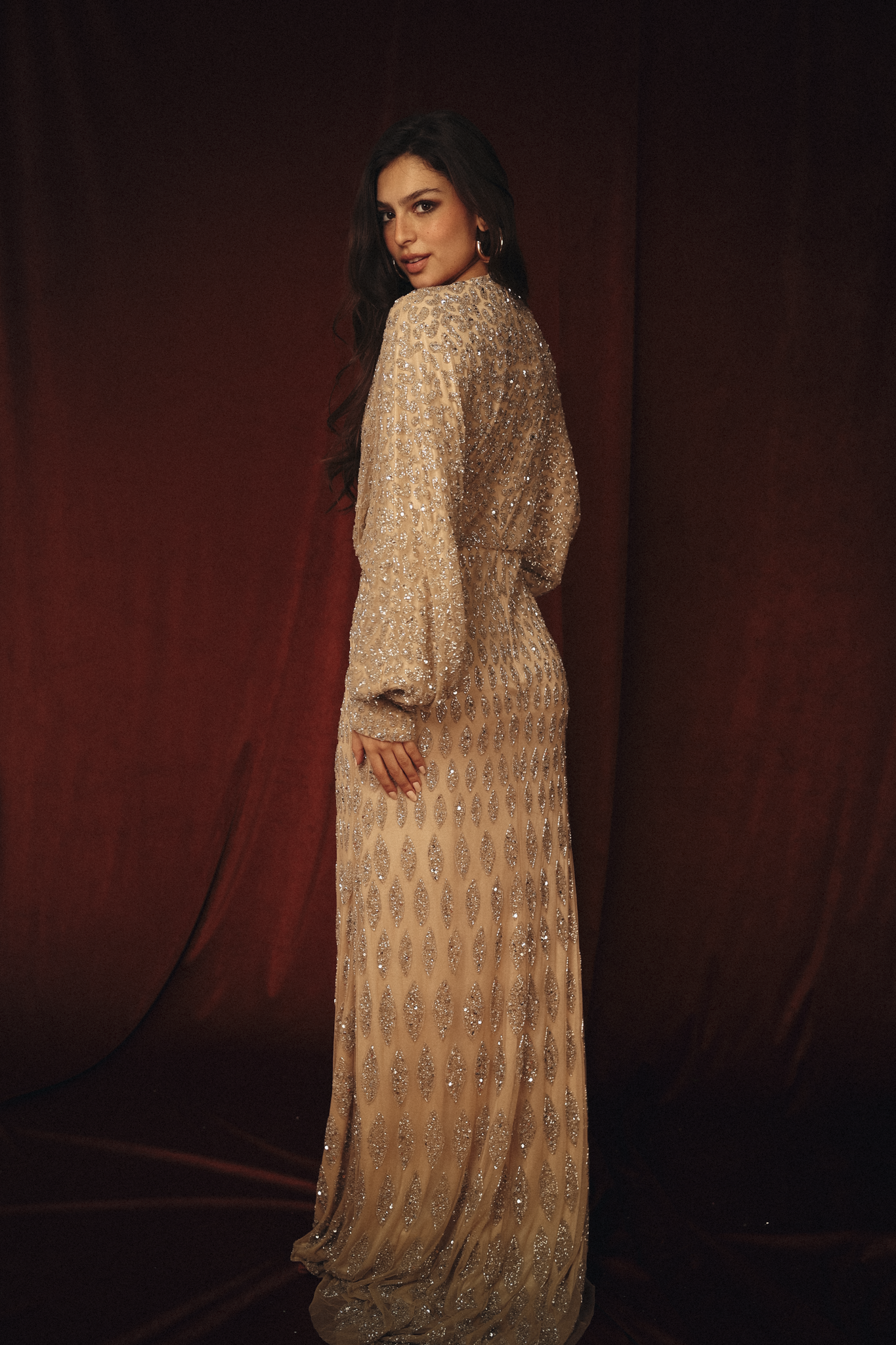 Modest Beaded Leaves Long Dress in Gold