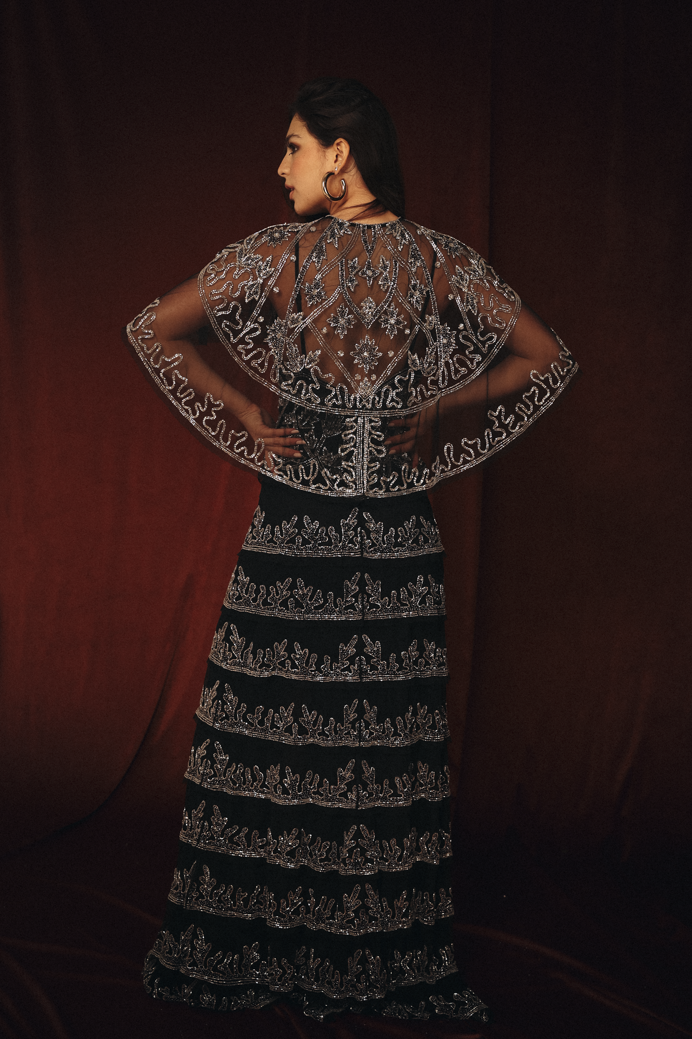 Long Beaded Dress with mini cape in black & silver