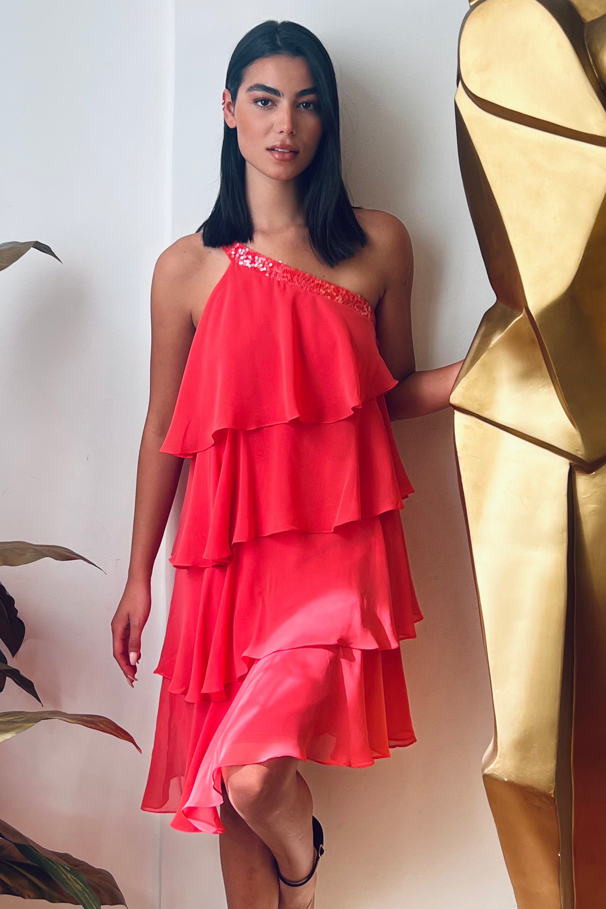 One Shoulder Ruffled Dress in Coral