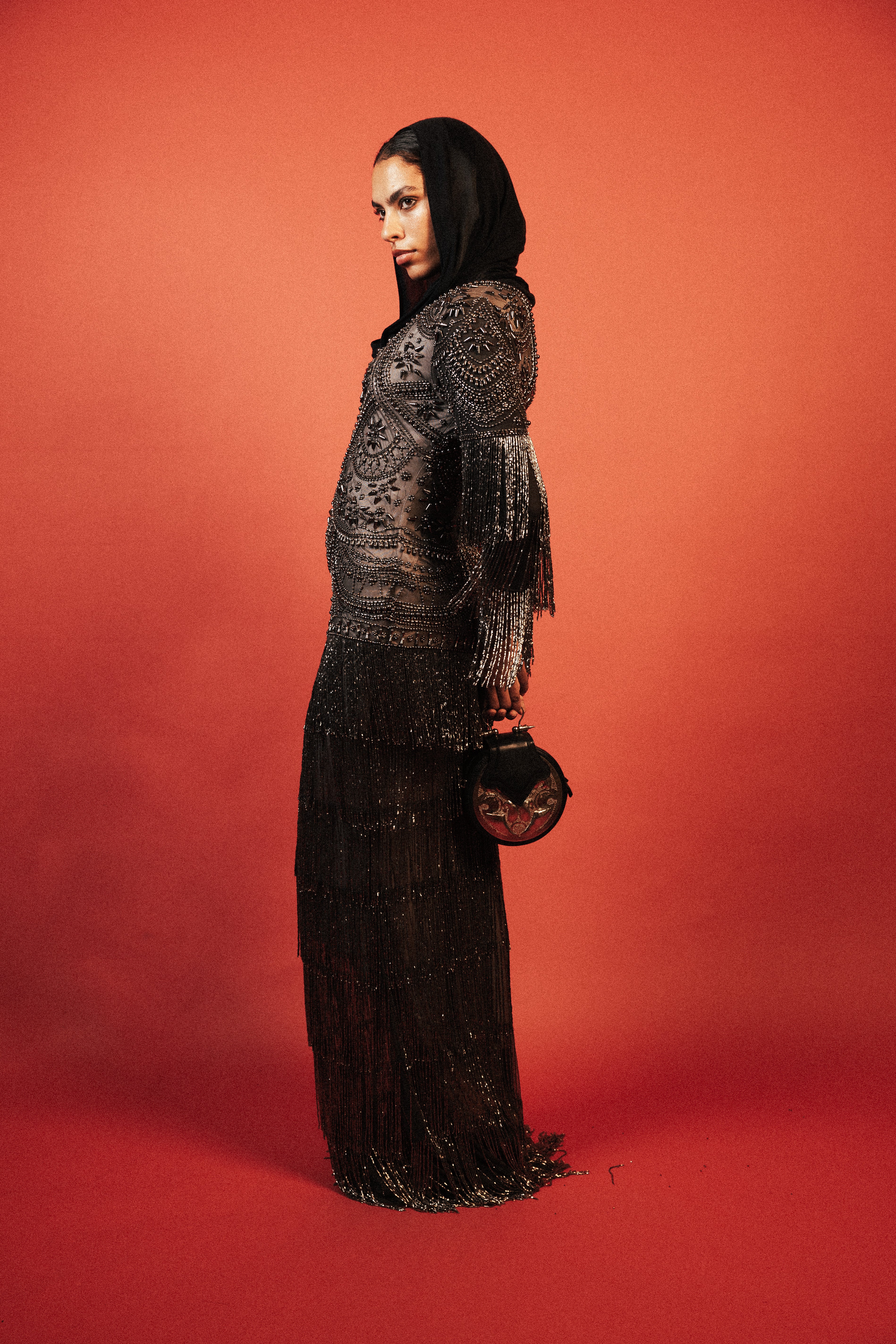 heavy Fringes modest long dress AND V-NECK in silver