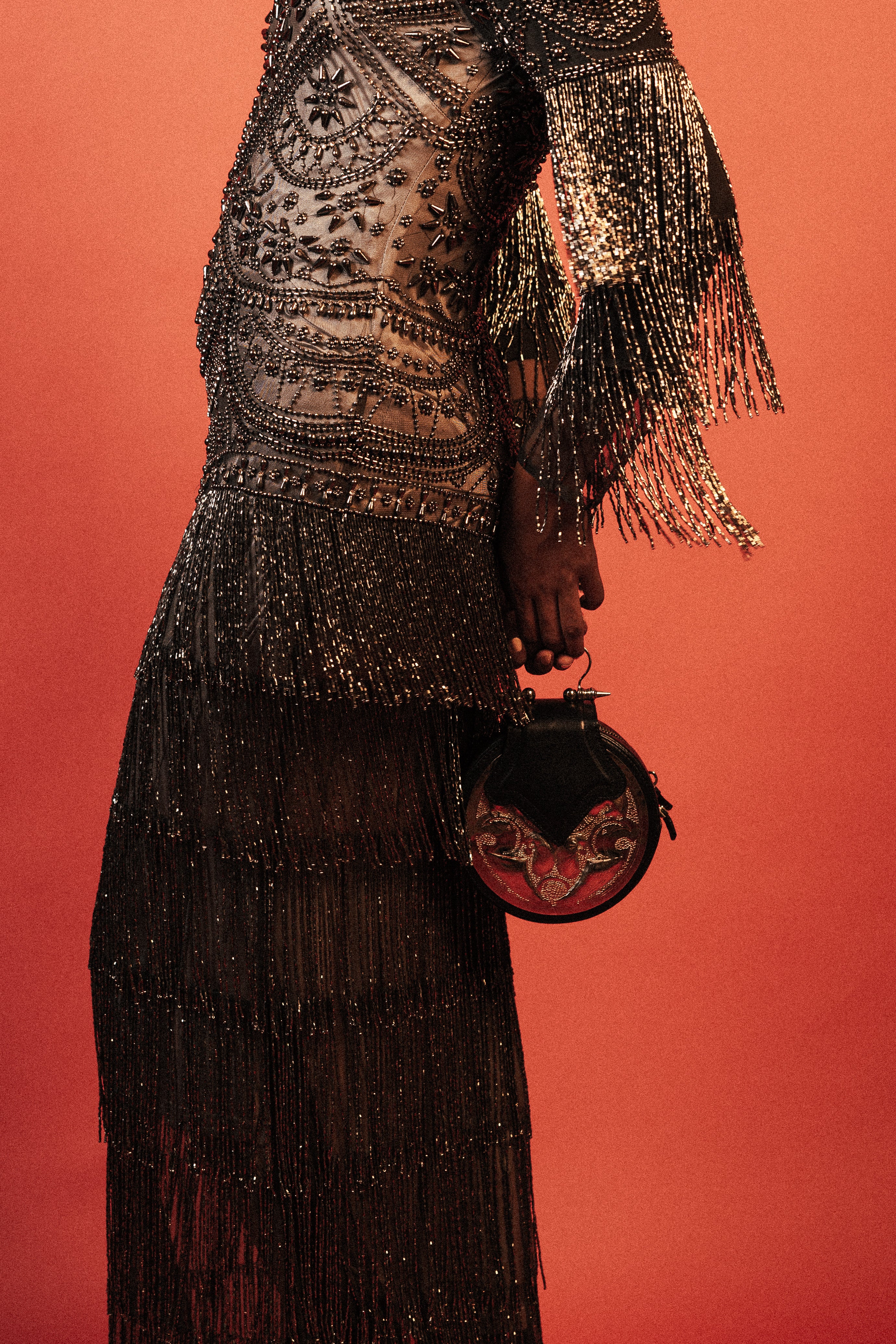 heavy Fringes modest long dress AND V-NECK in silver