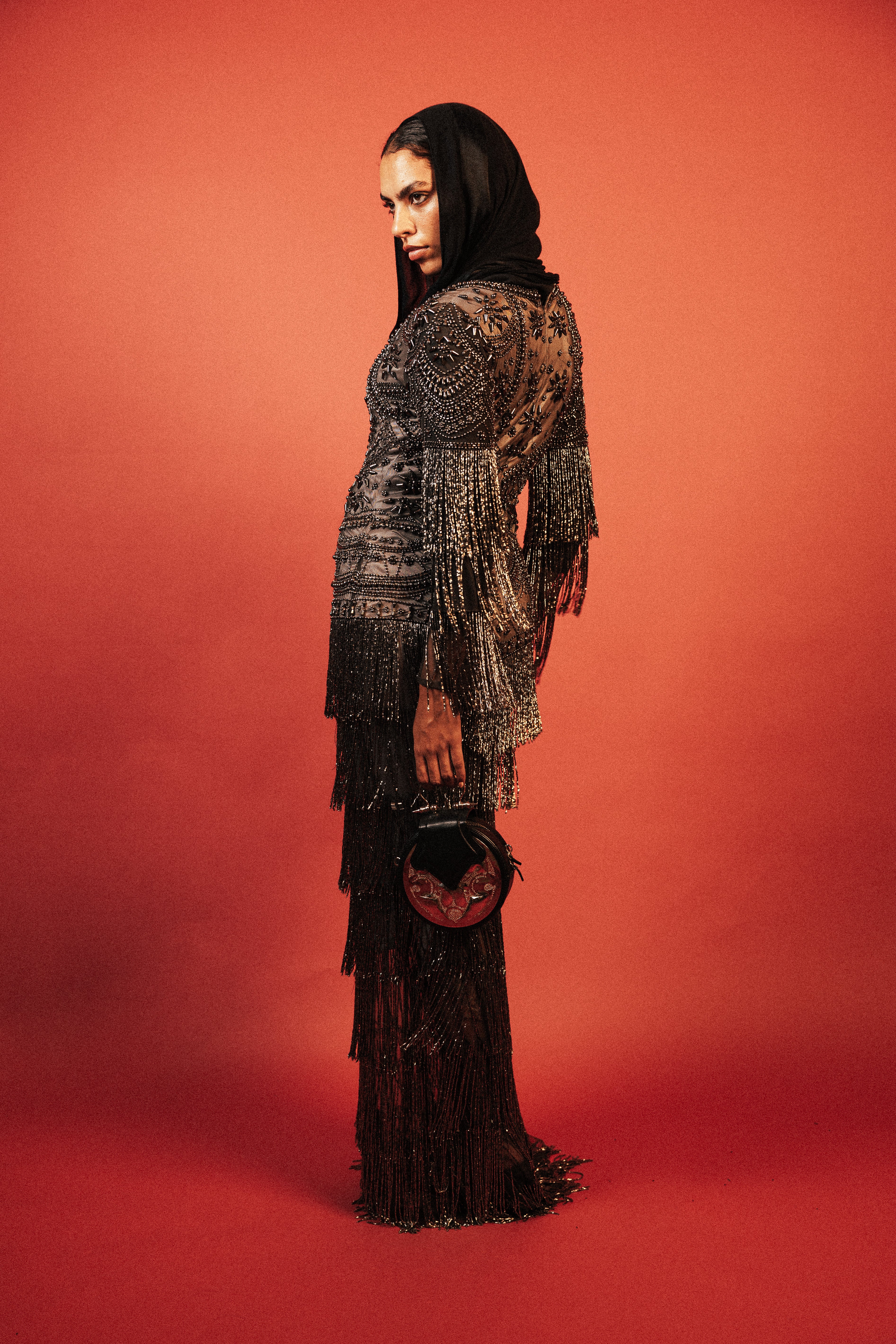 heavy Fringes modest long dress AND V-NECK in silver