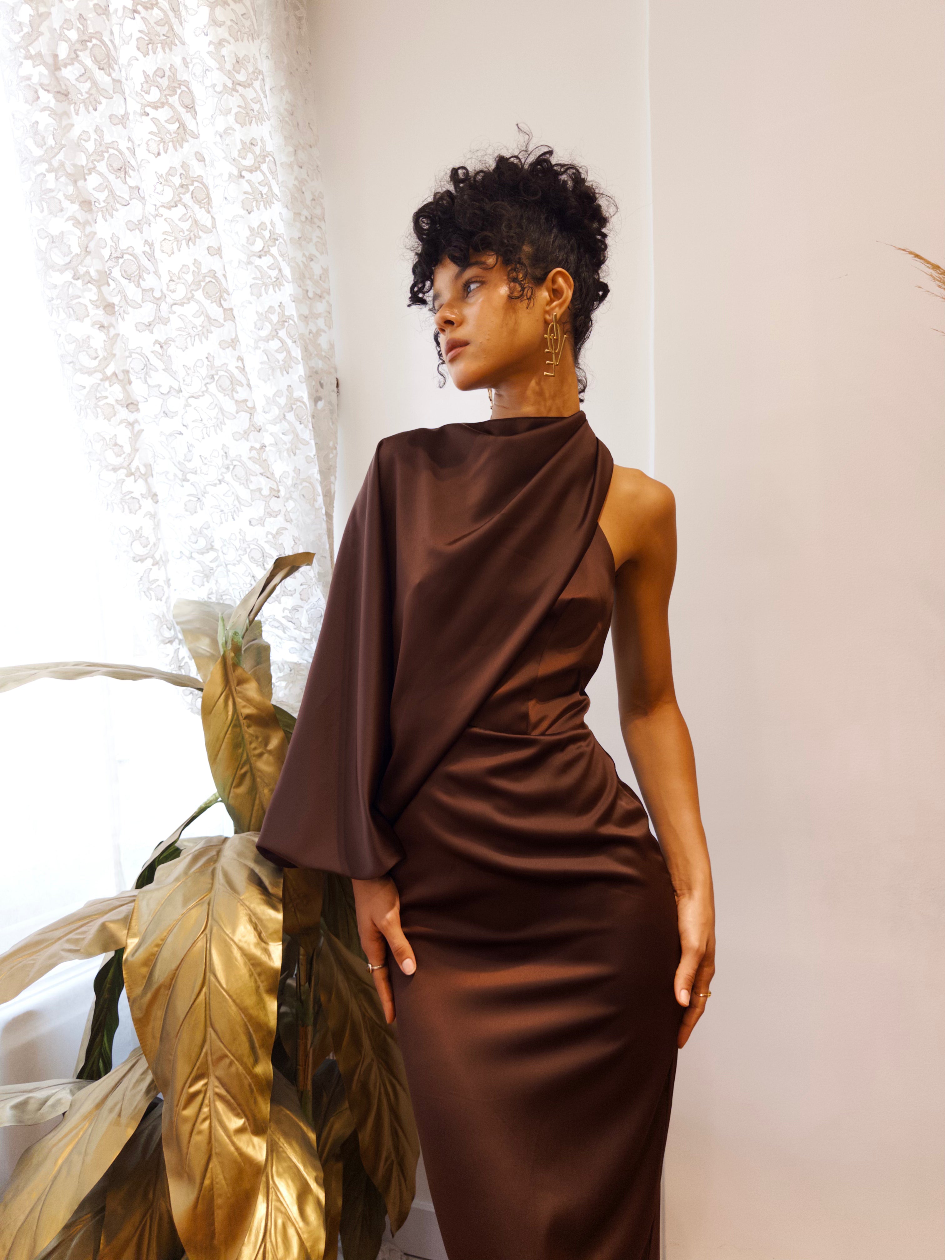 The One Shoulder Satin in Brown
