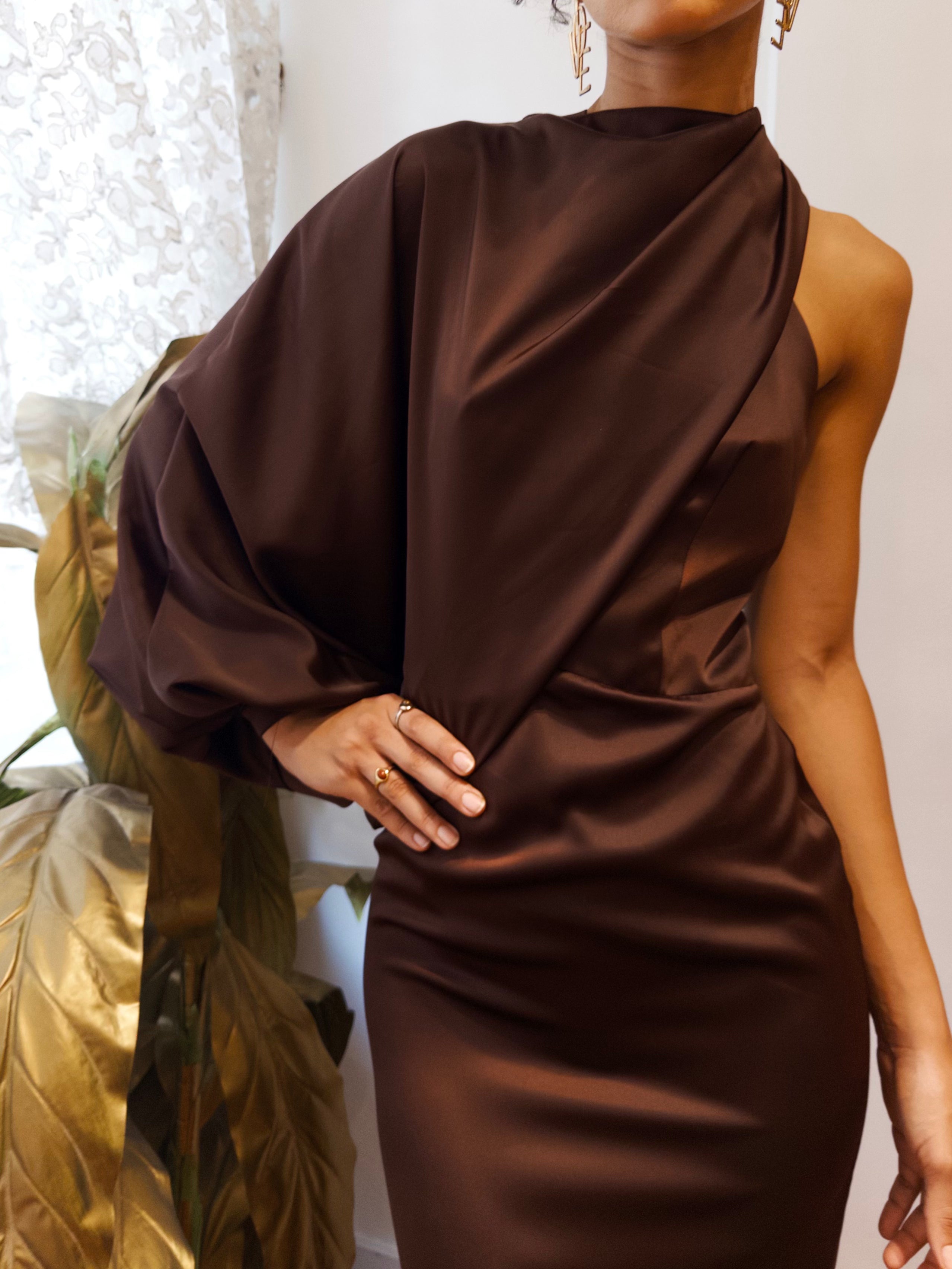 The One Shoulder Satin in Brown