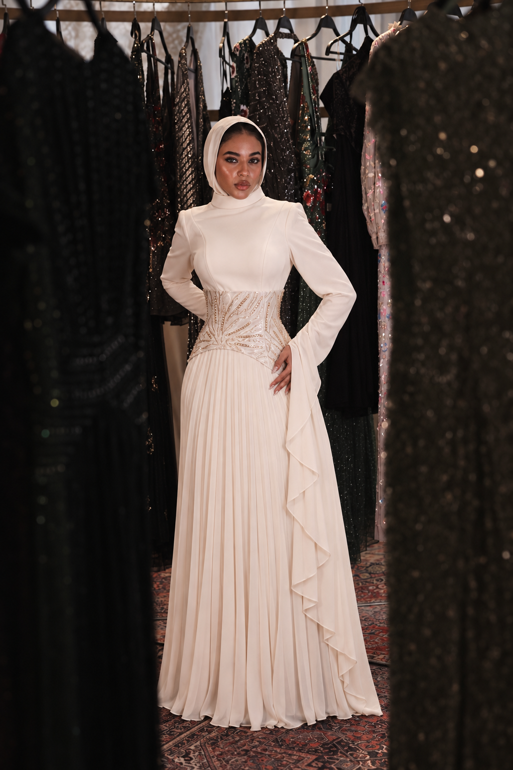 Plisse Long Sleeve Dress With Corset In Beige