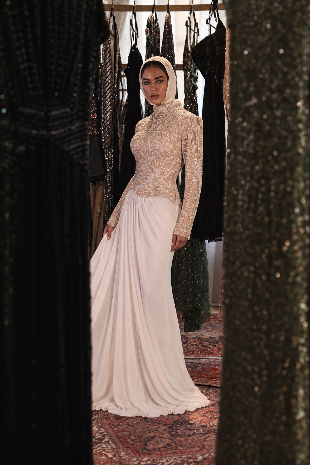 Long Sleeve Beaded Corset In Beige X White