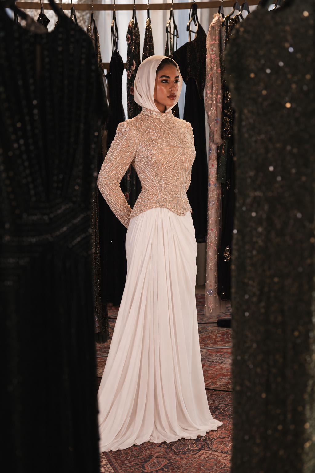 Long Sleeve Beaded Corset In Beige X White