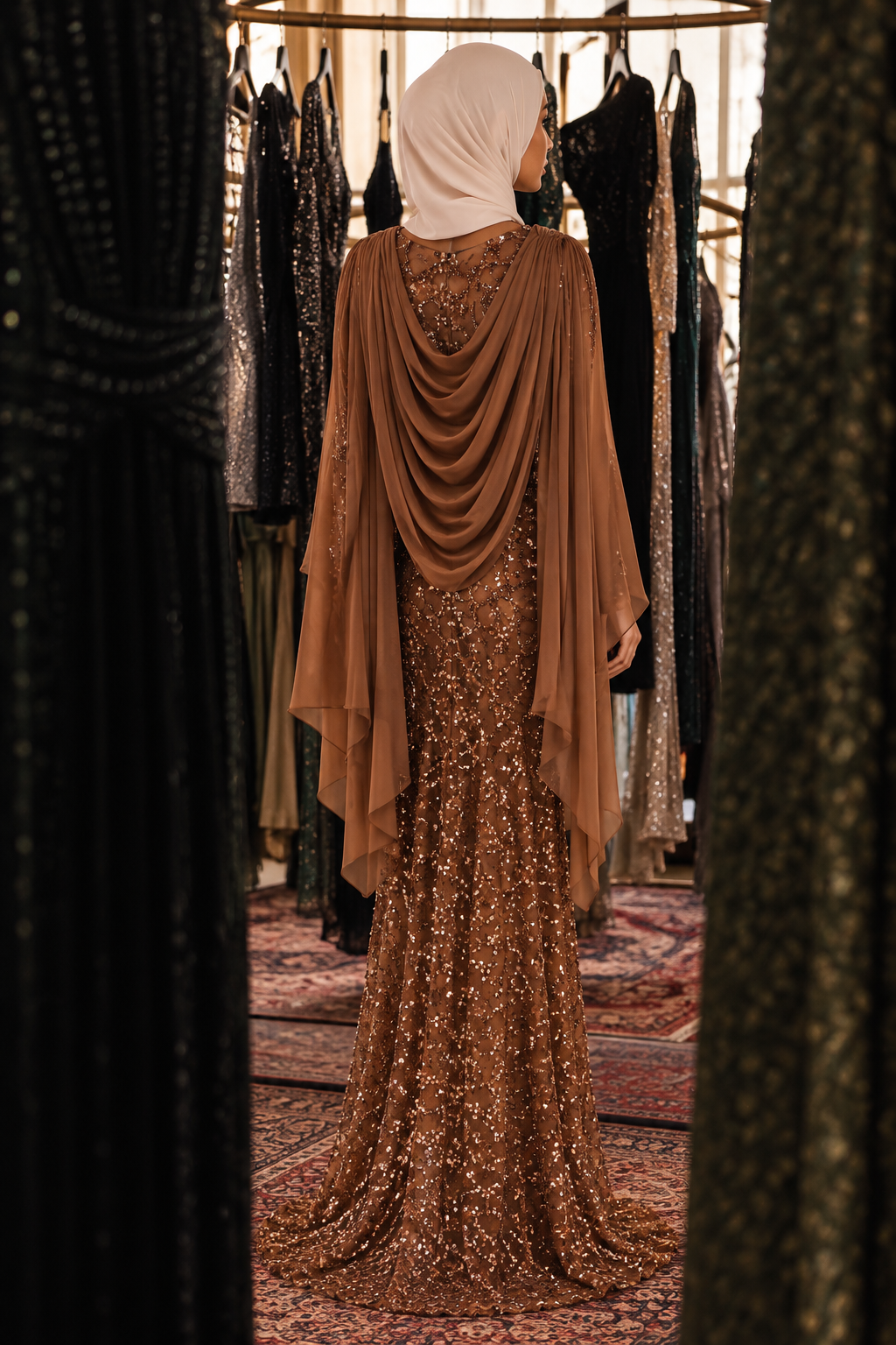 Long sleeve dress in rose gold with draping