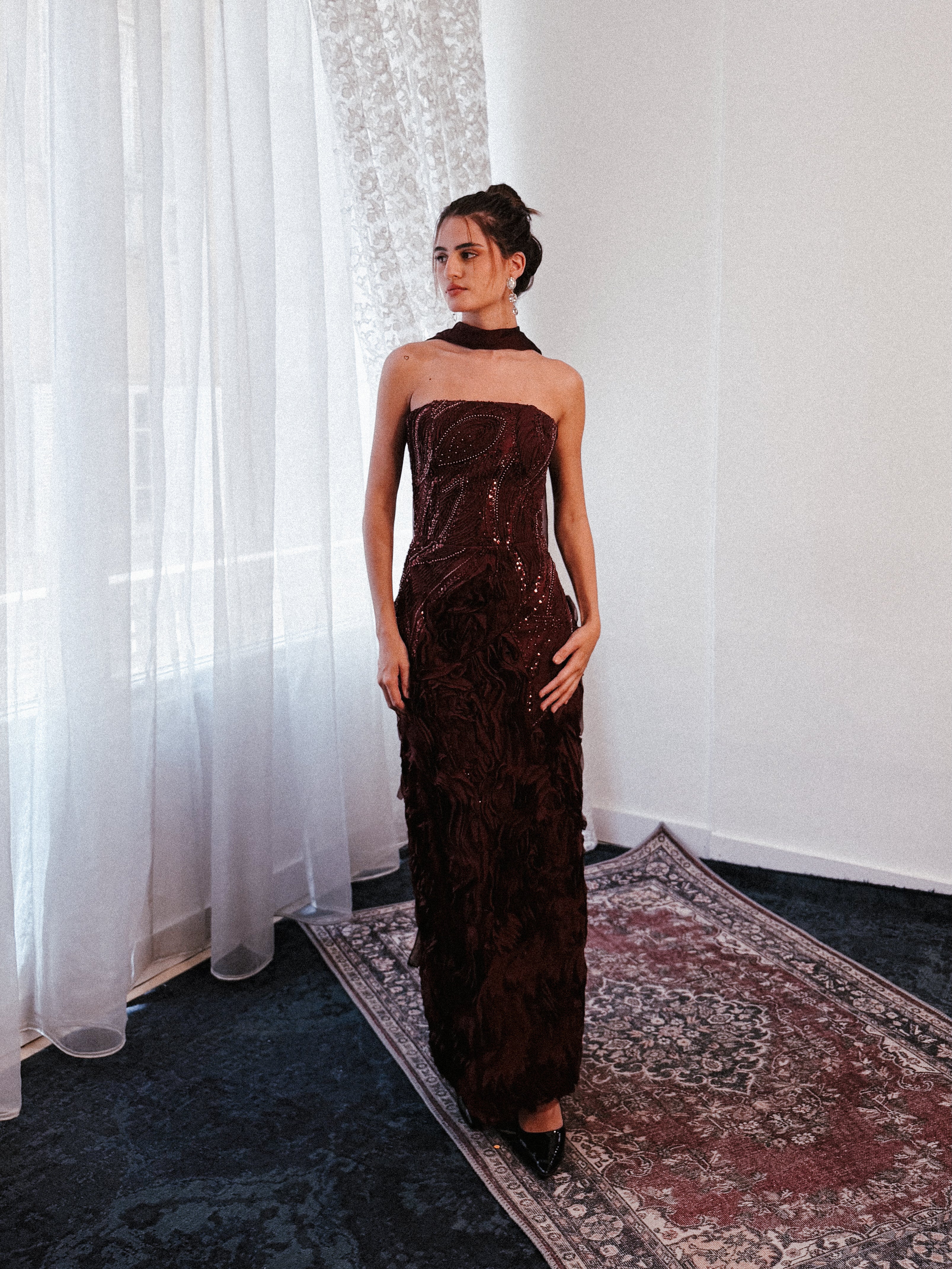 Beaded Tube Dress in burgundy