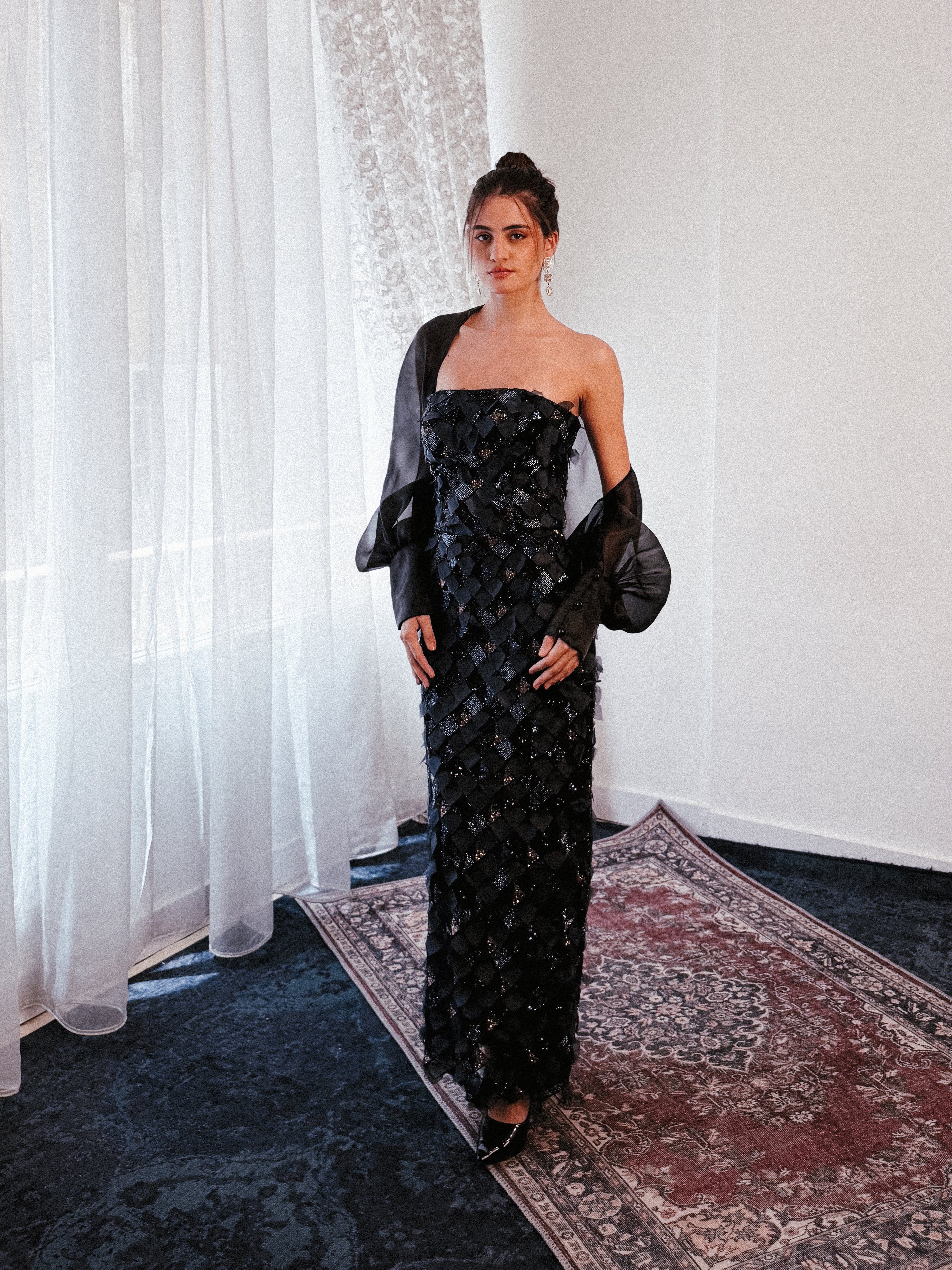 Beaded Tube Dress in Dark Navy with Cover up