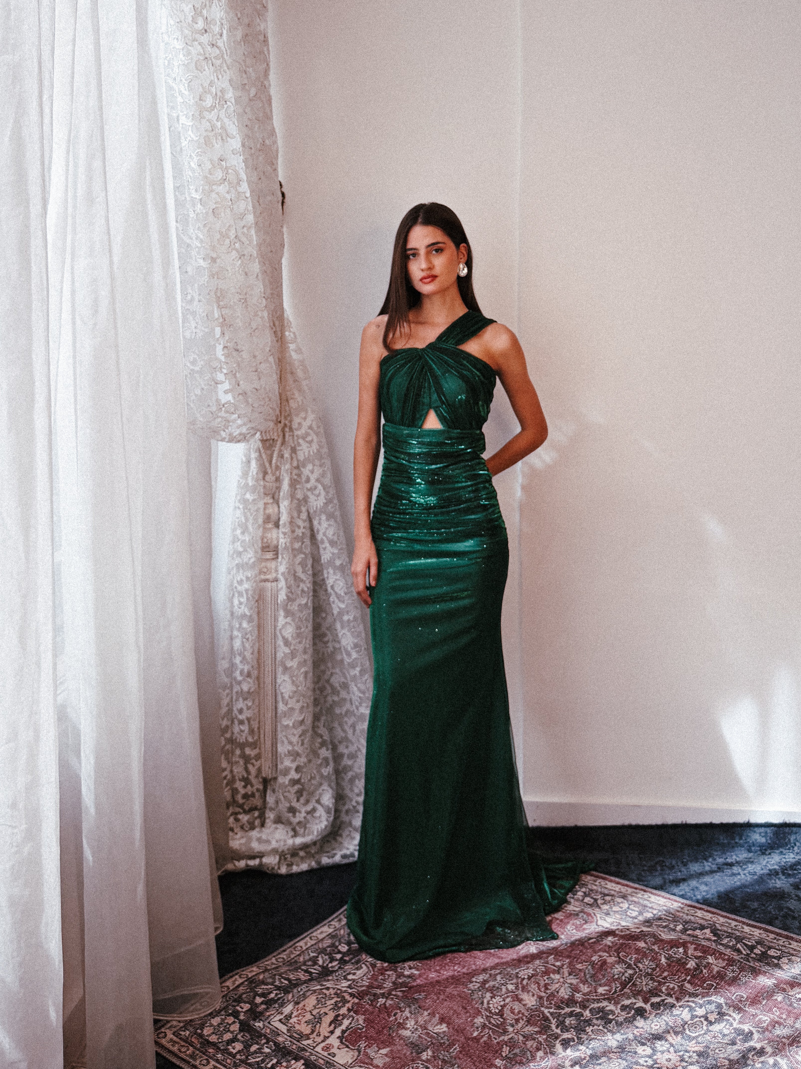 One Shoulder Shimmery Dress in Green