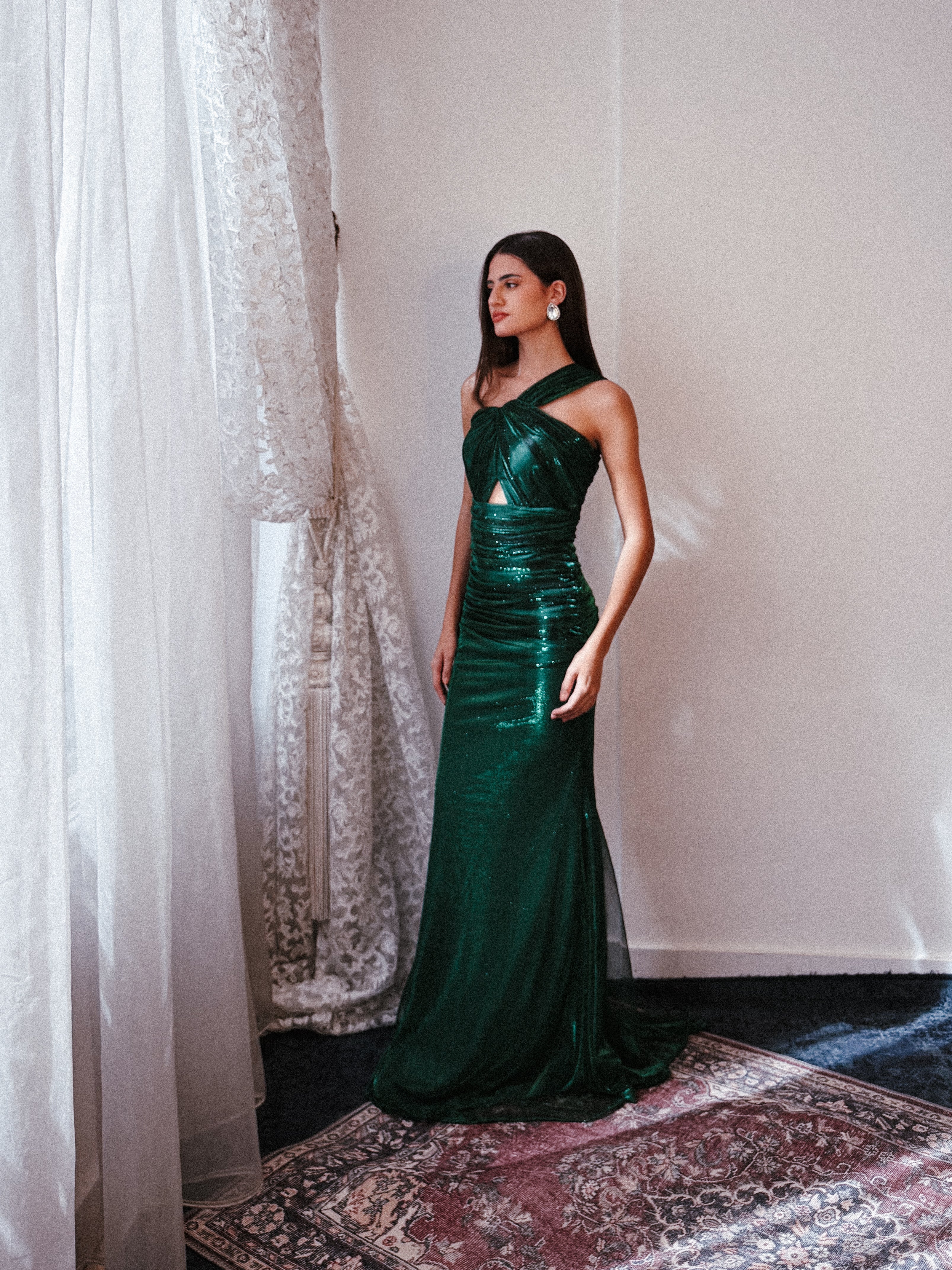 One Shoulder Shimmery Dress in Green