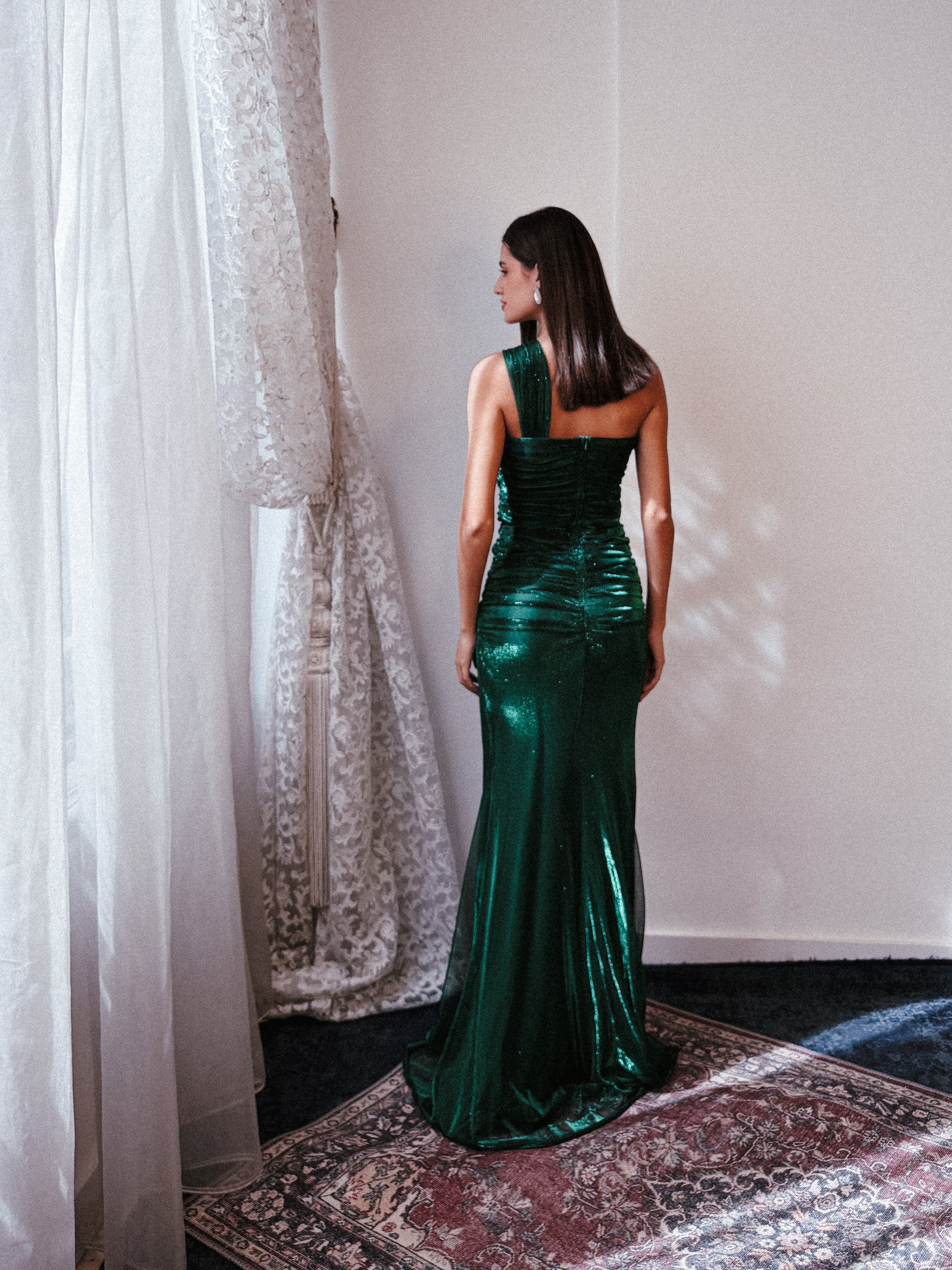 One Shoulder Shimmery Dress in Green