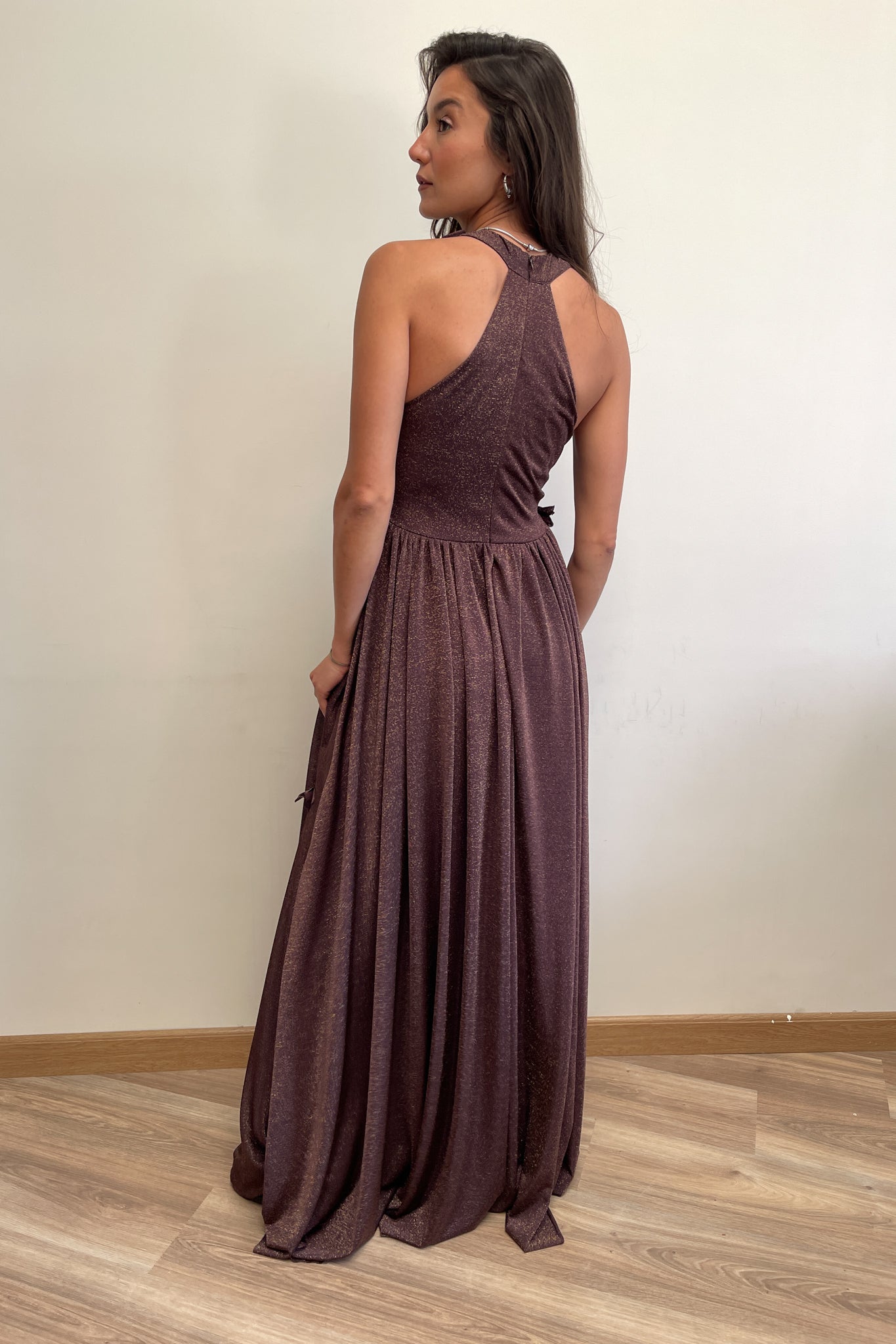 halter neck shimmery dress in brown