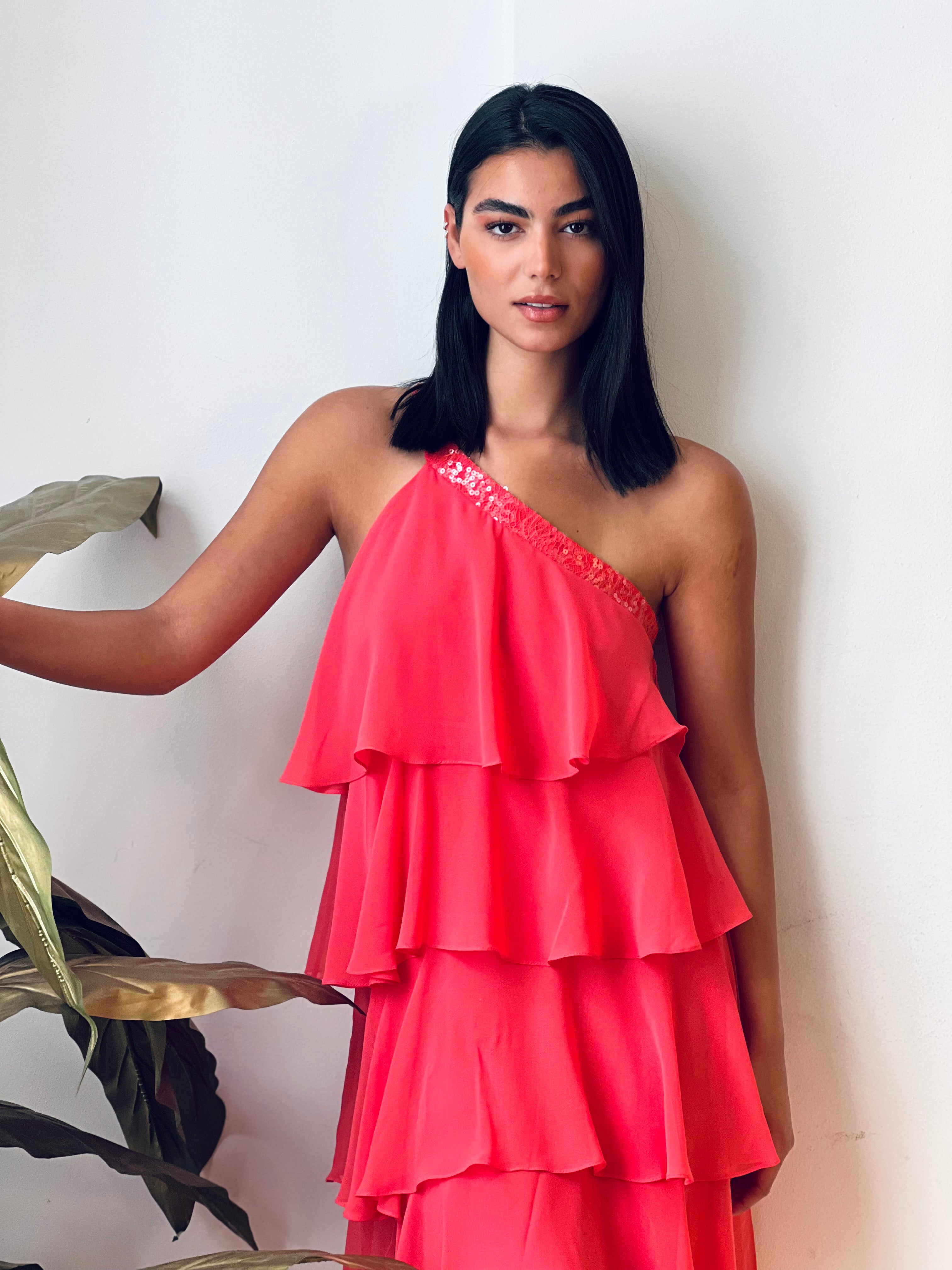 One Shoulder Ruffled Dress in Coral