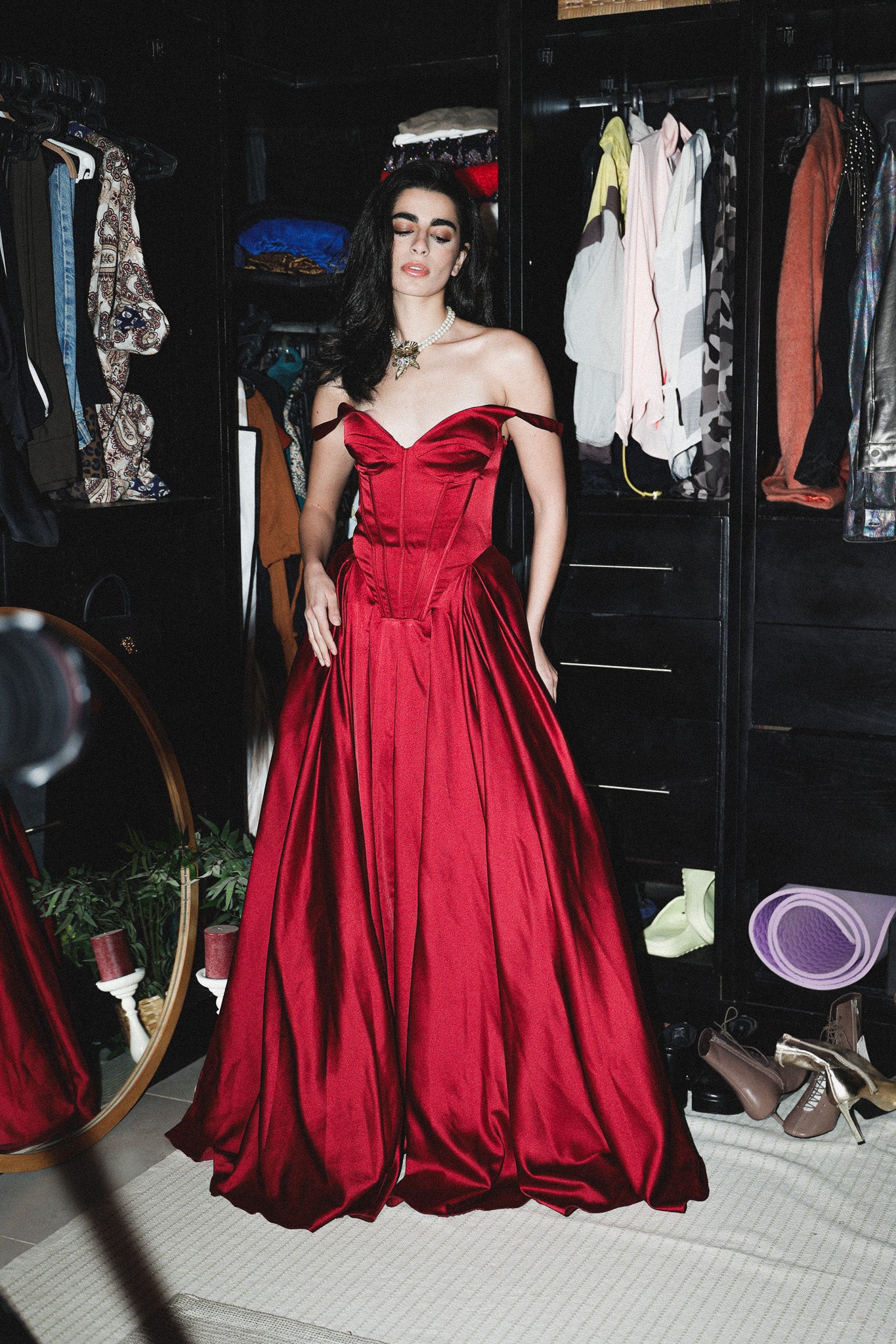 Corset satin long dress in red