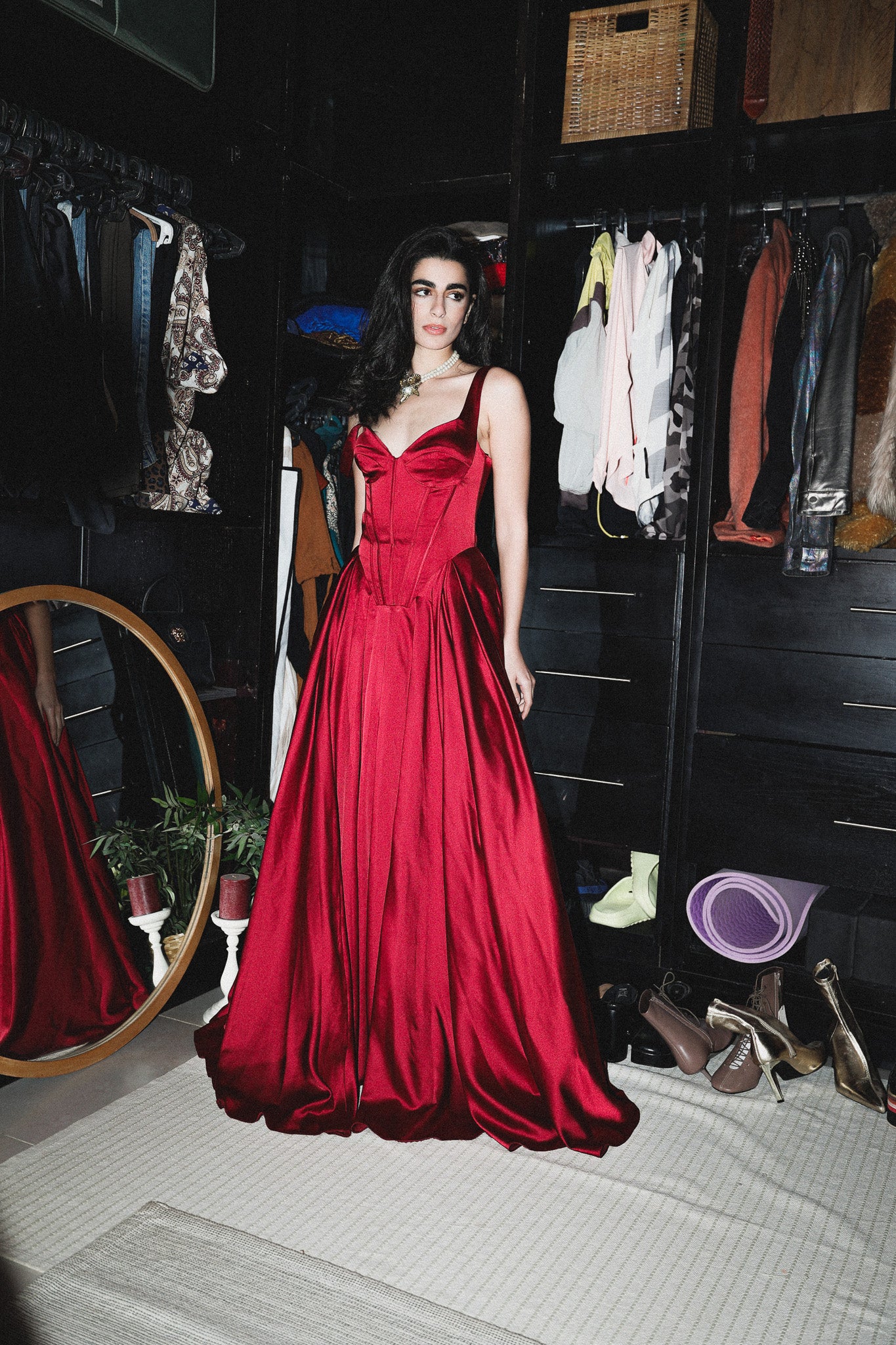 Corset satin long dress in red