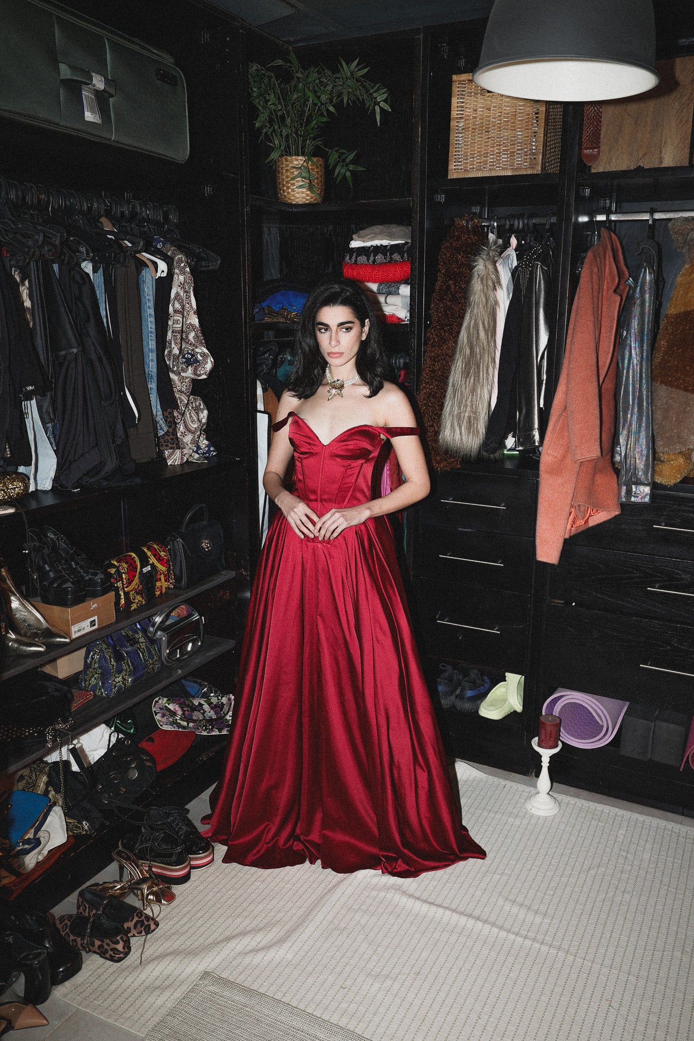 Corset satin long dress in red