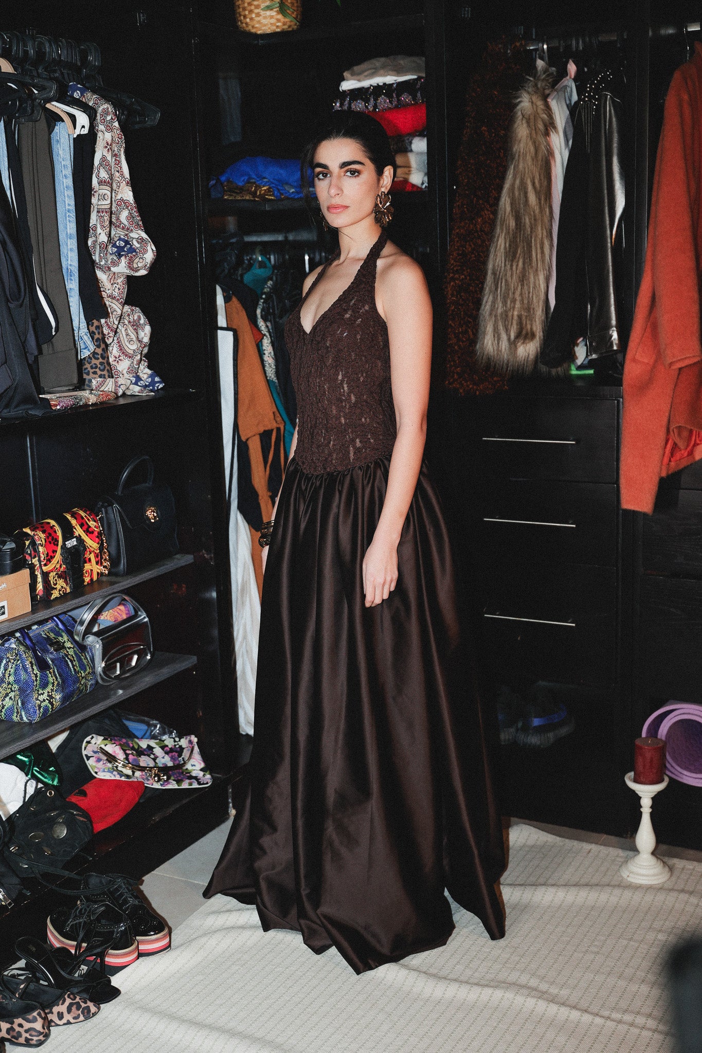 Halter neck long dress in brown