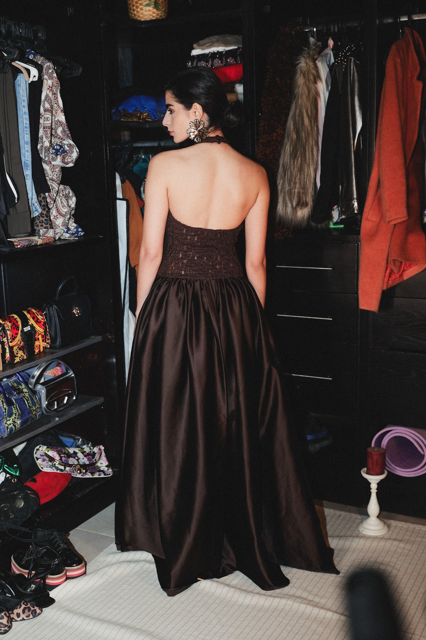 Halter neck long dress in brown