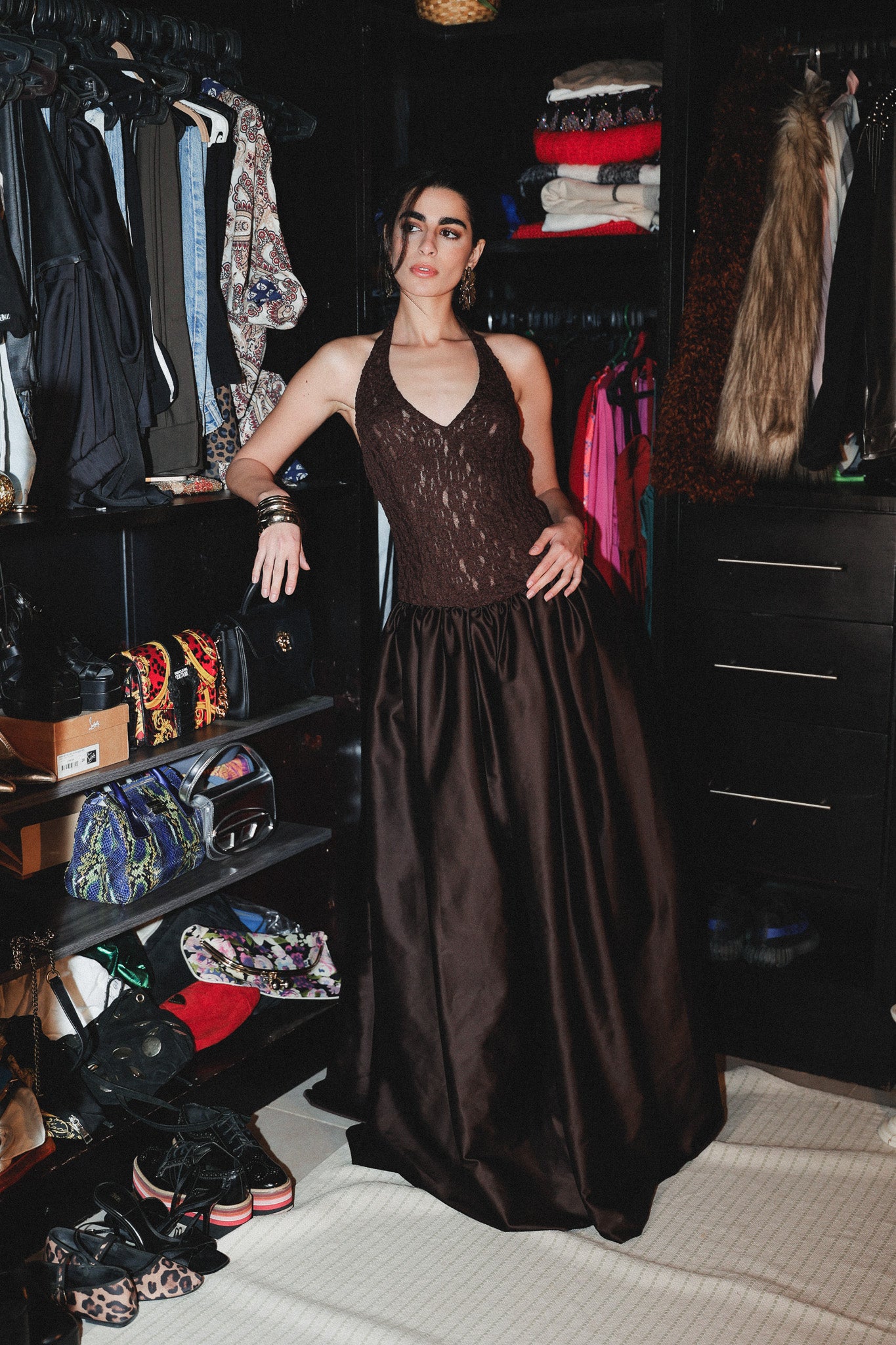 Halter neck long dress in brown