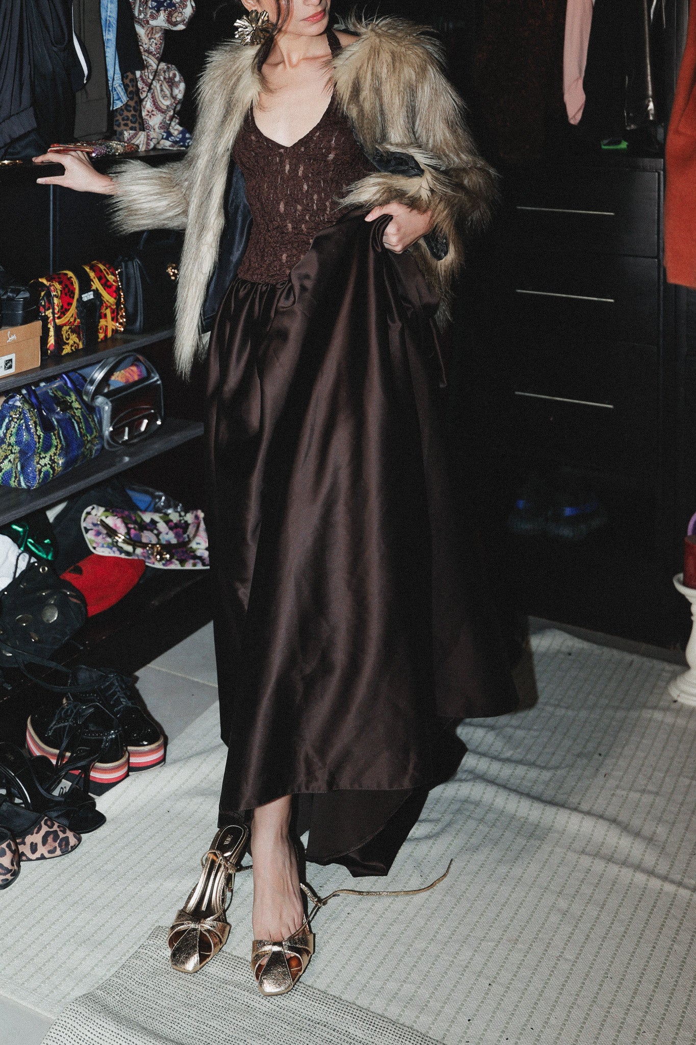 Halter neck long dress in brown