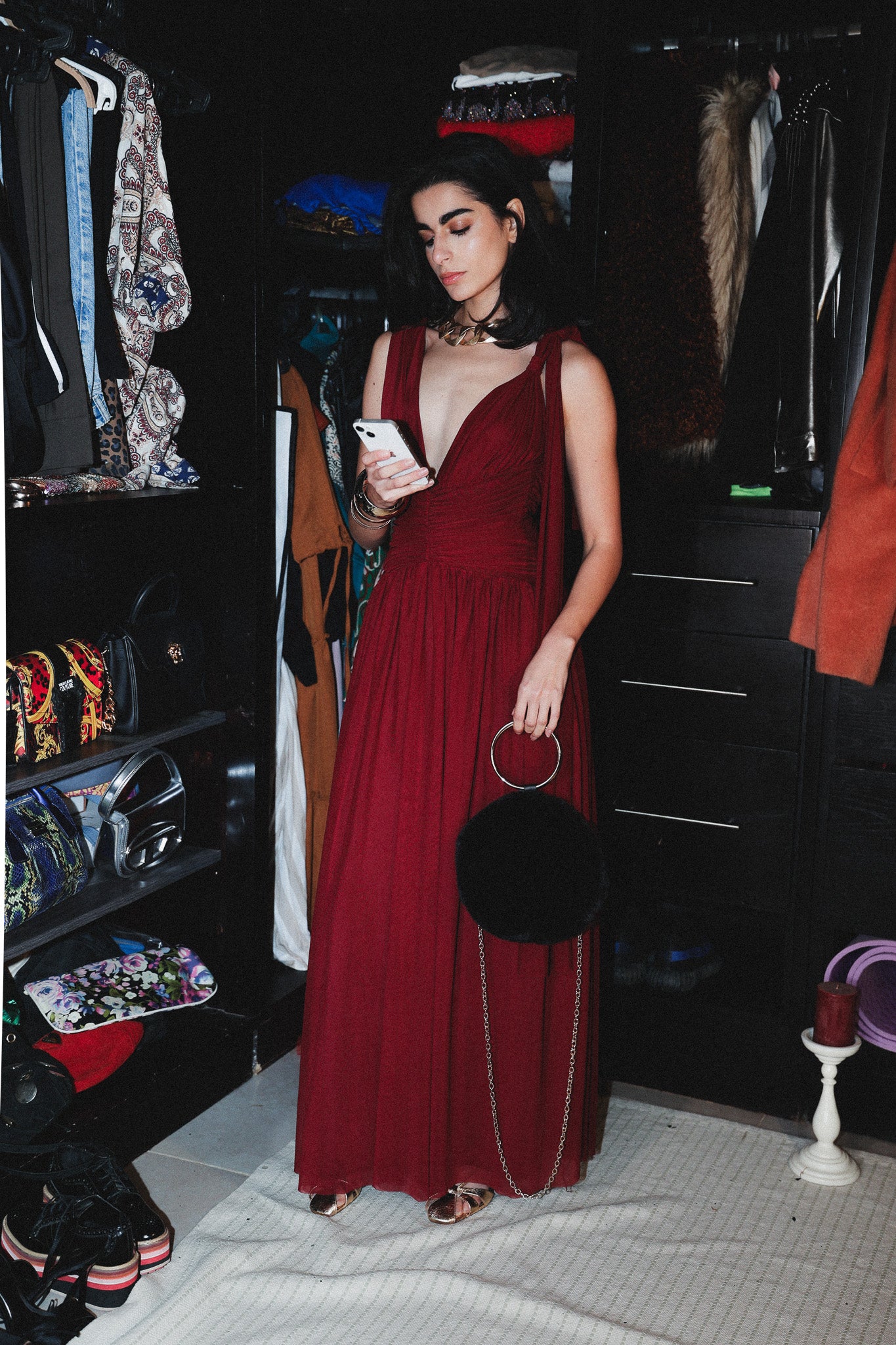 Backless tulle long dress in burgundy