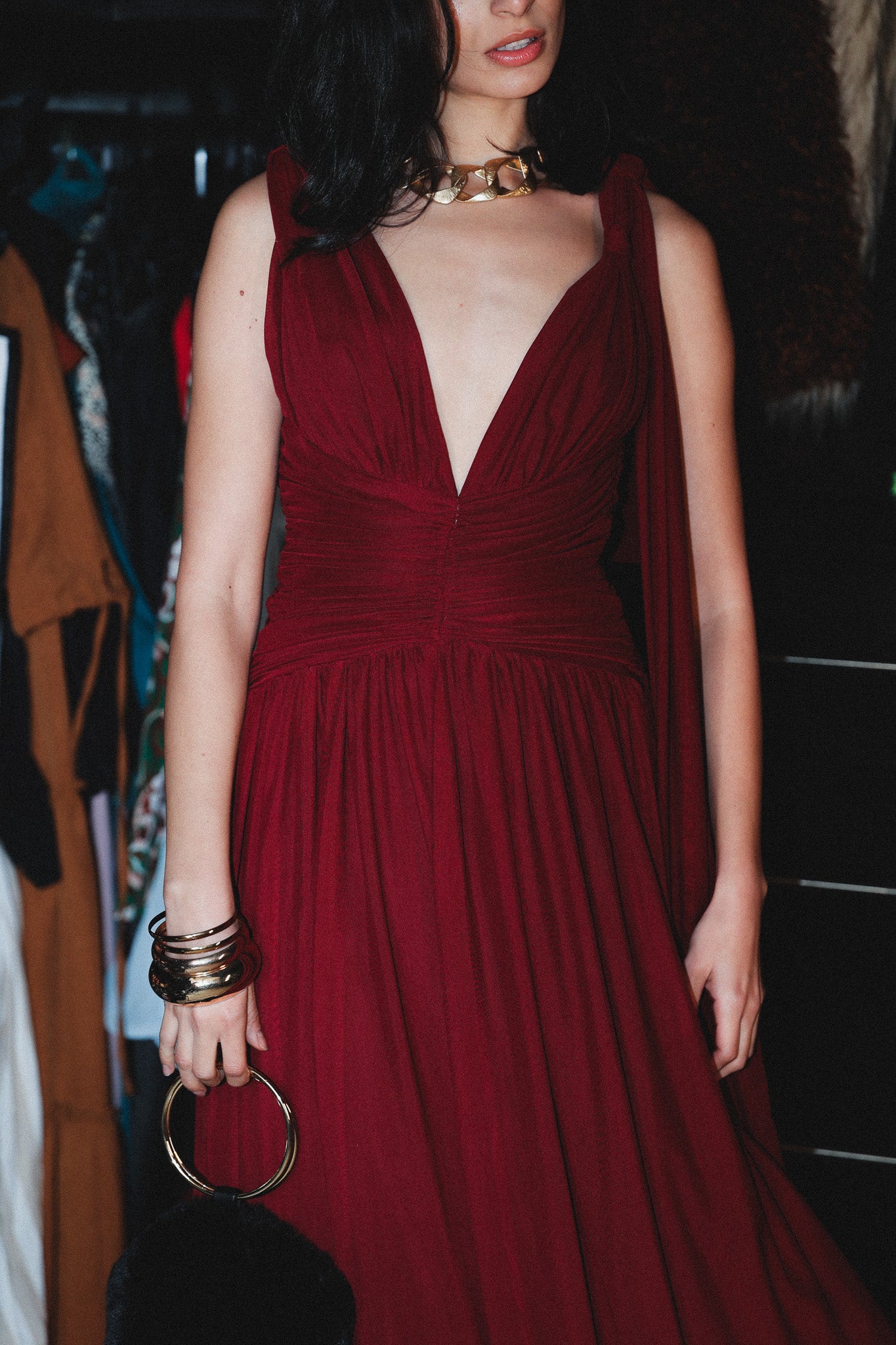 Backless tulle long dress in burgundy