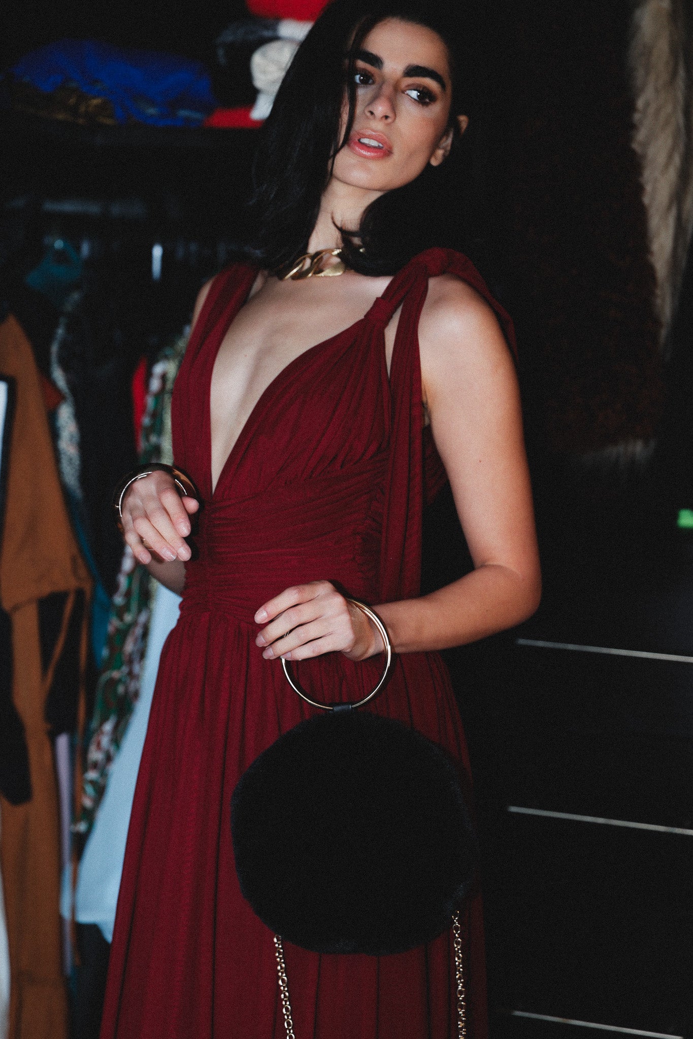 Backless tulle long dress in burgundy