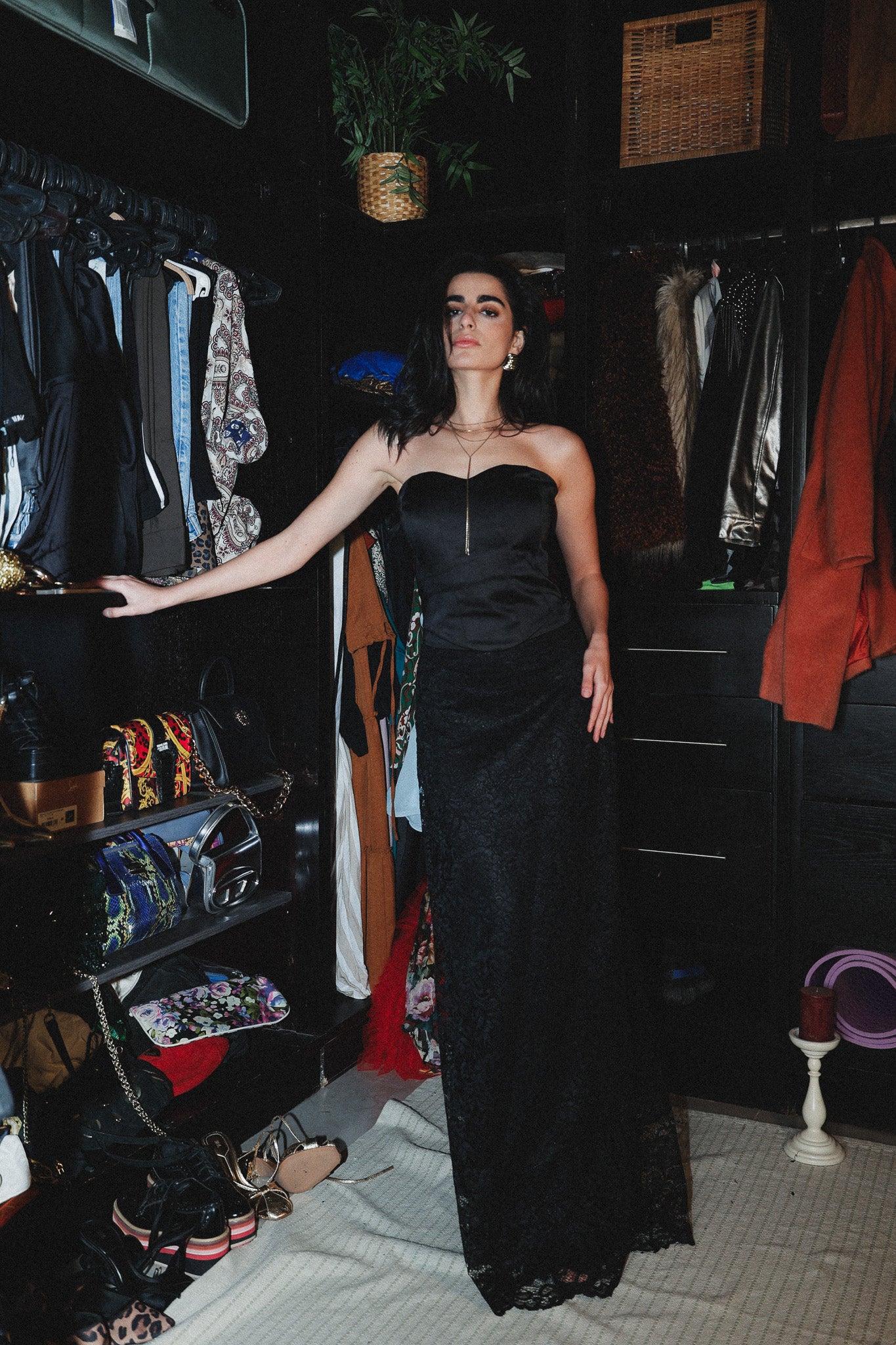 Corset set with long skirt in black