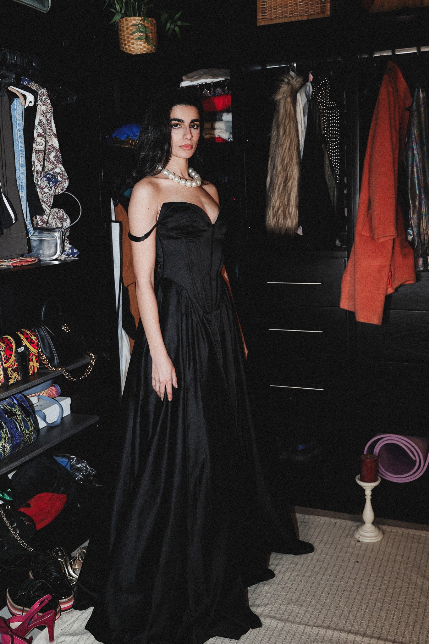 Corset satin long dress in black