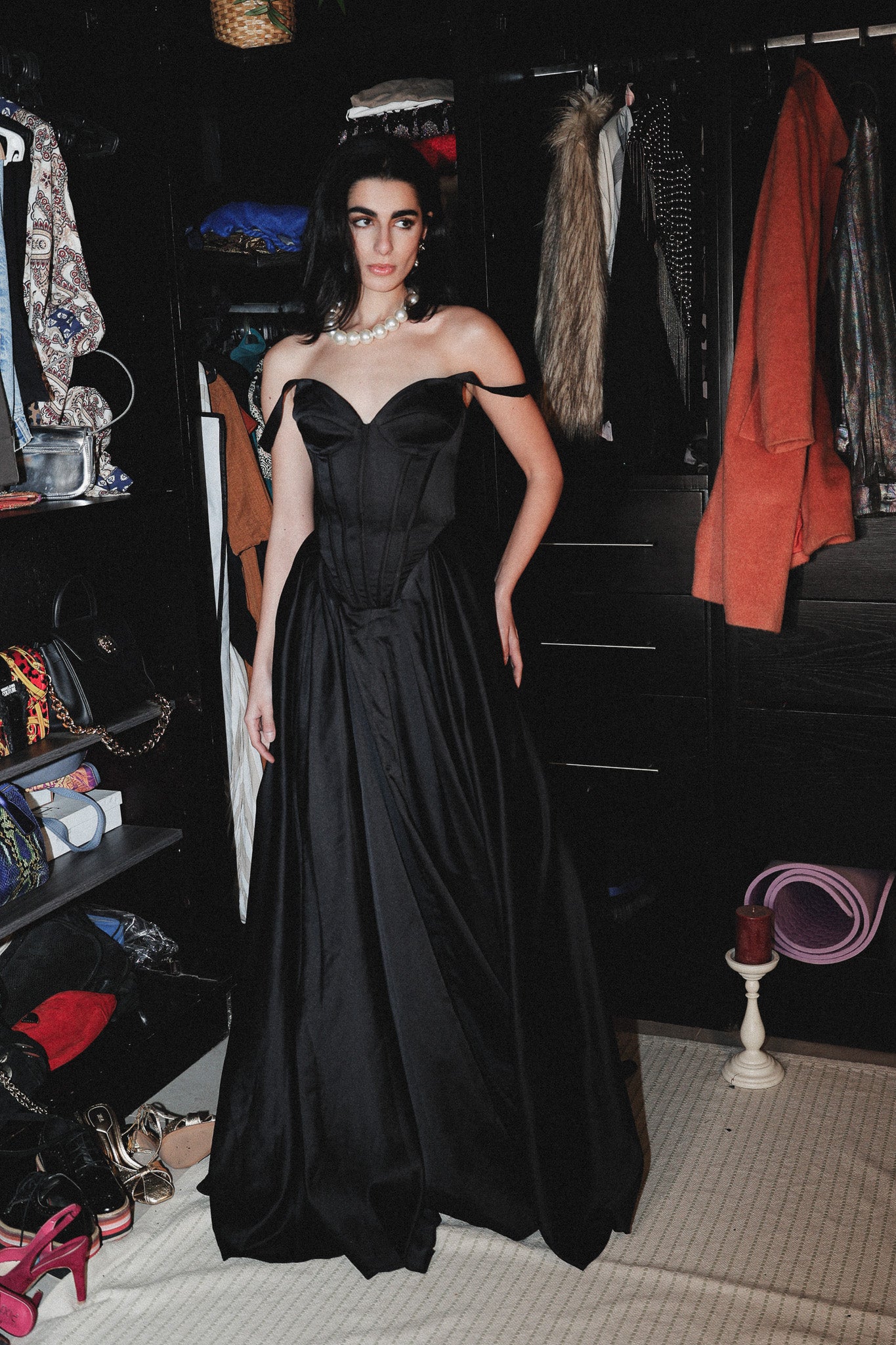 Corset satin long dress in black