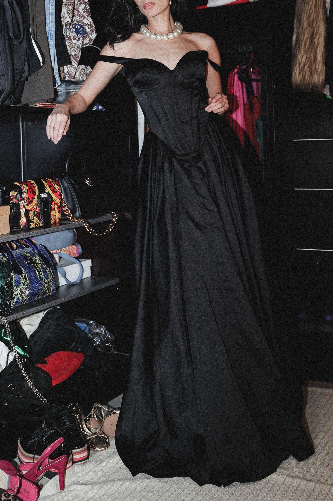 Corset satin long dress in black