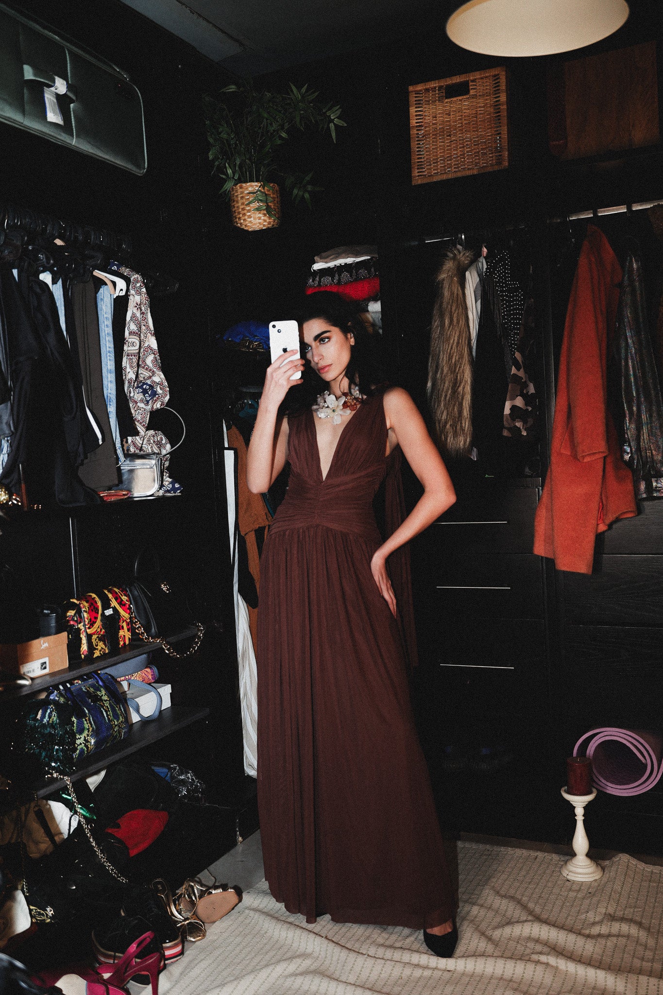 Backless tulle long dress in brown